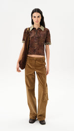 LENA - Contrast printed collar velvet devoré short-sleeve polo