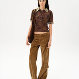 LENA - Contrast printed collar velvet devoré short-sleeve polo