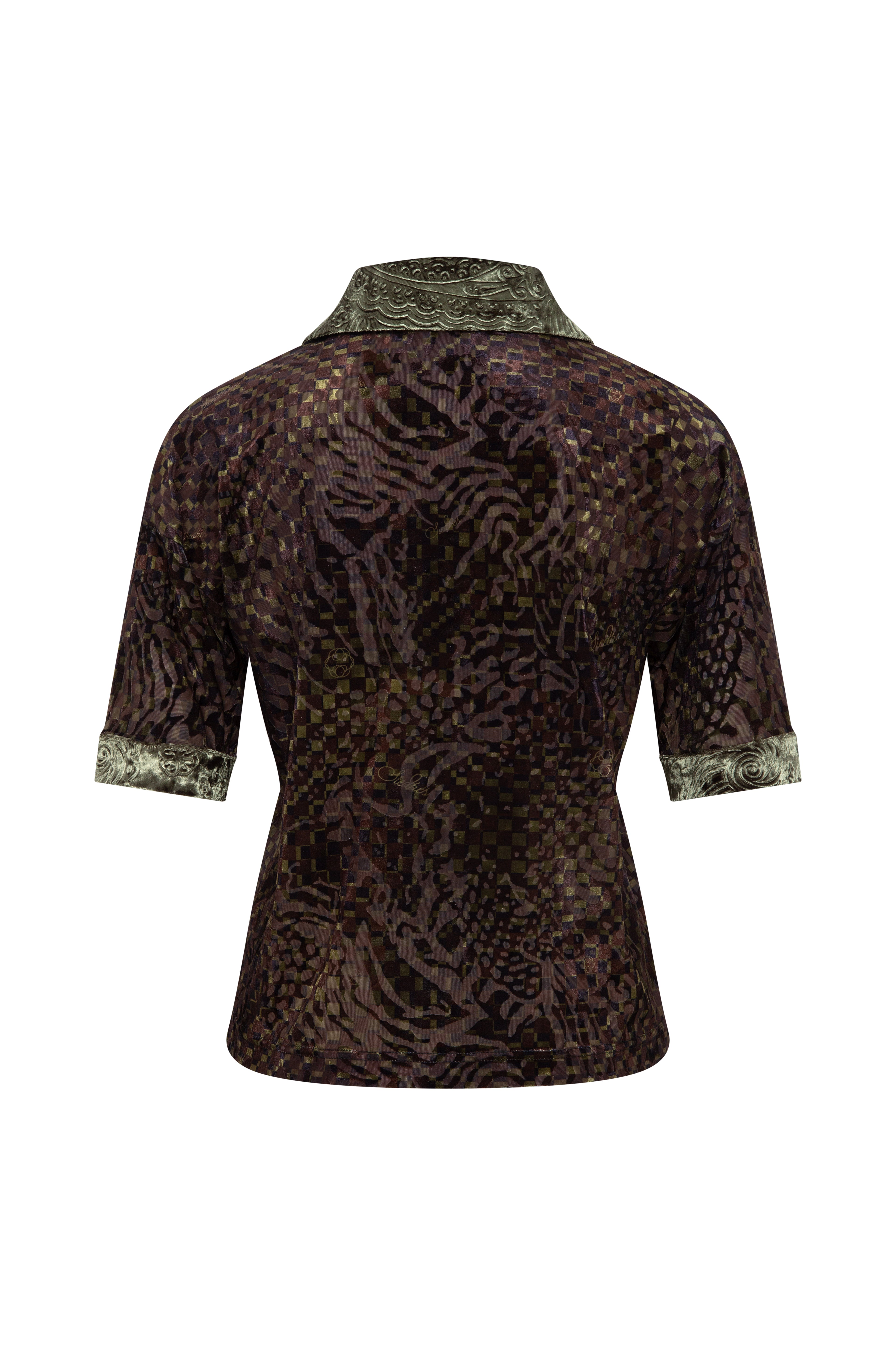 LENA - Contrast printed collar velvet devoré short-sleeve polo