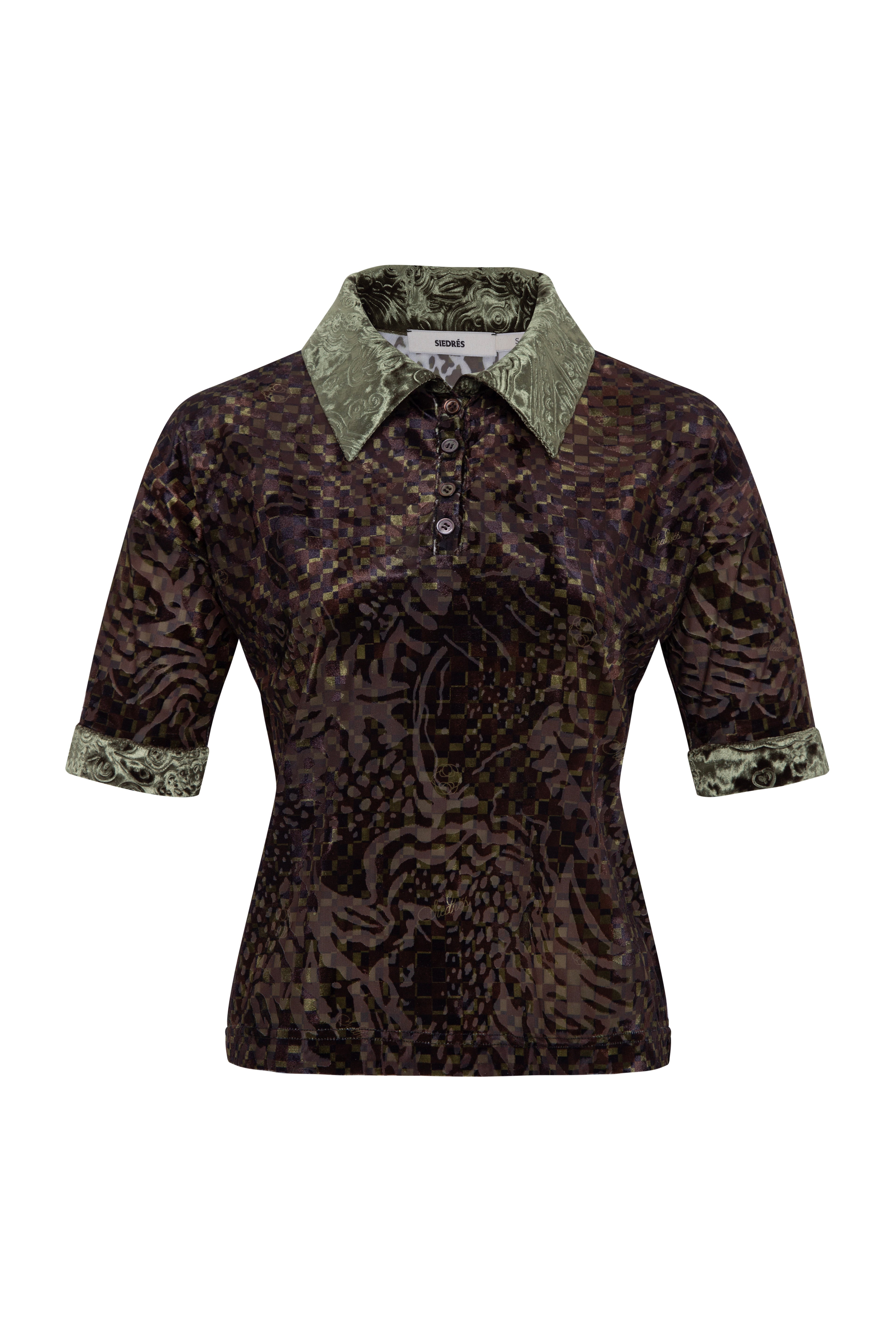 LENA - Contrast printed collar velvet devoré short-sleeve polo