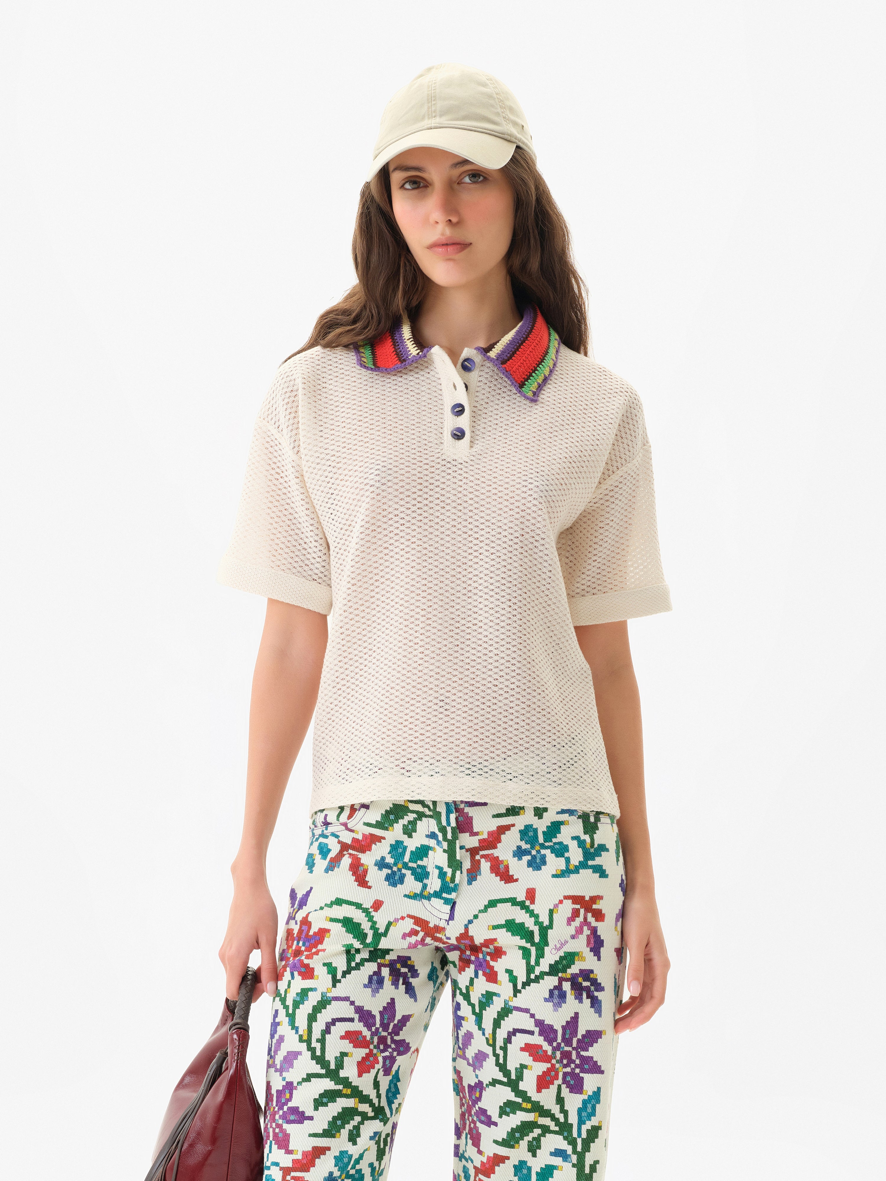 LEO - Boxy fit short-sleeve polo in textured knit and contrast crochet collar