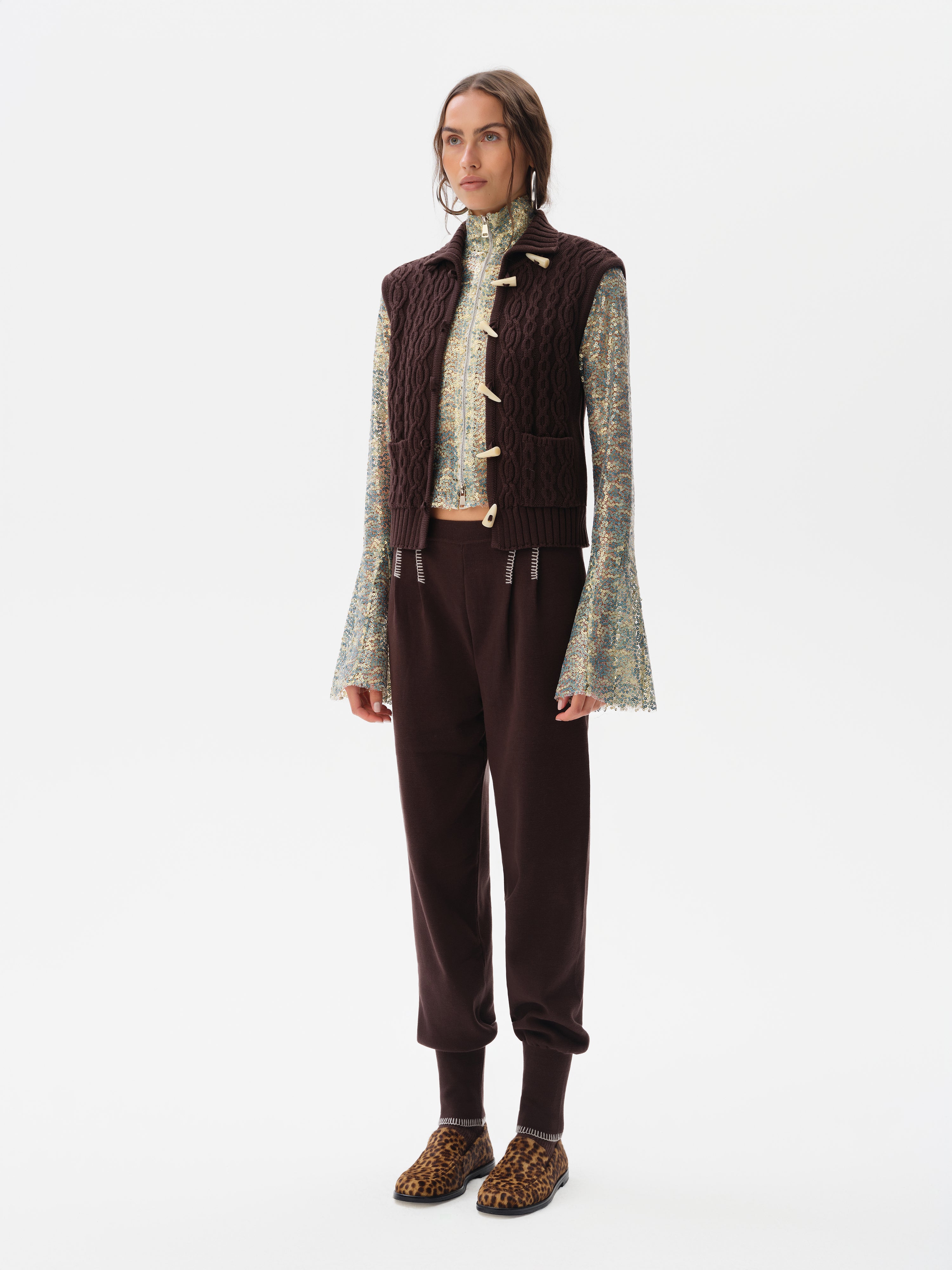 LESNA - High-neck cable knit vest with front pockets