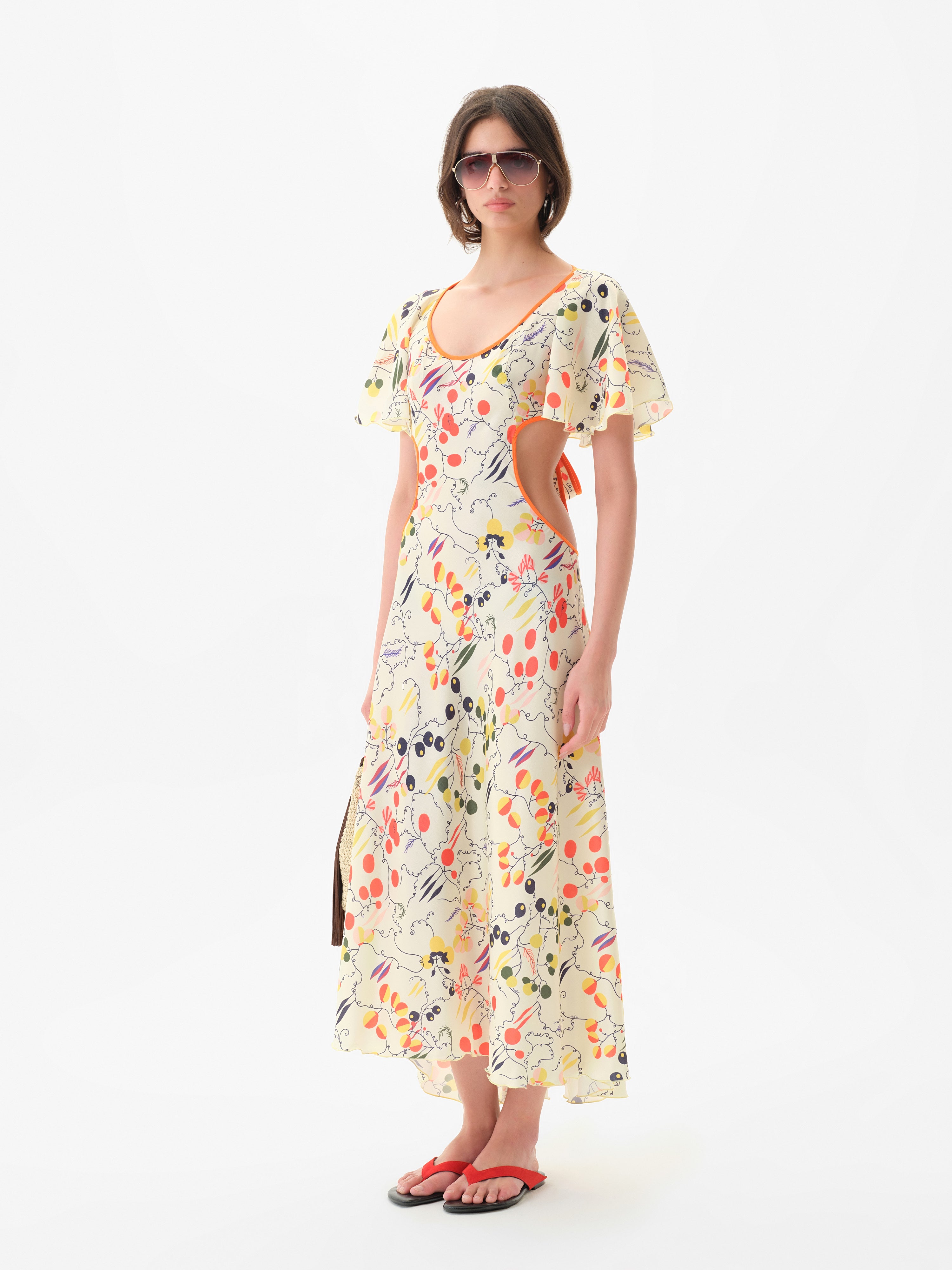 LIDIA - Printed midi satin dress with side cuts