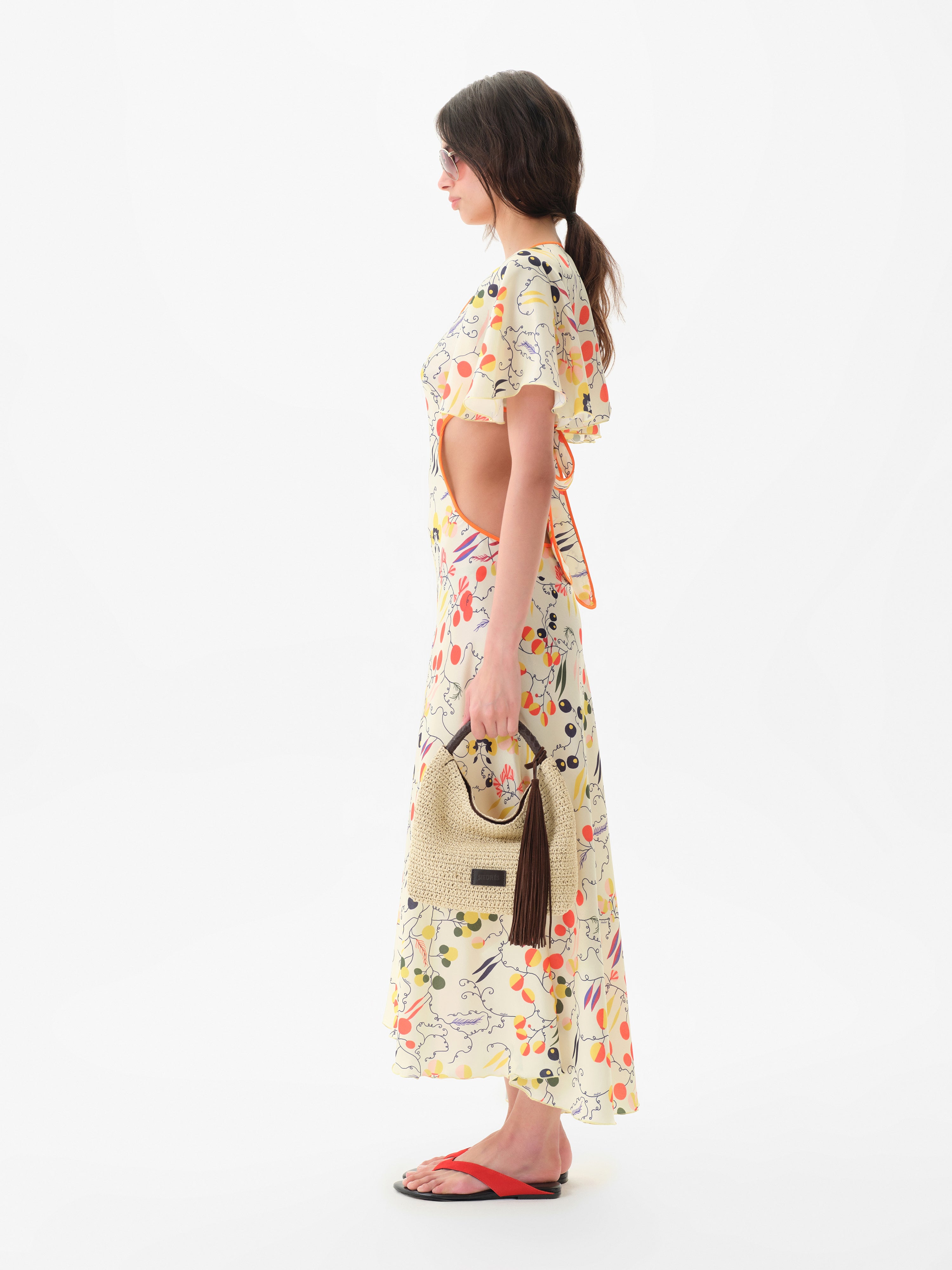 LIDIA - Printed midi satin dress with side cuts