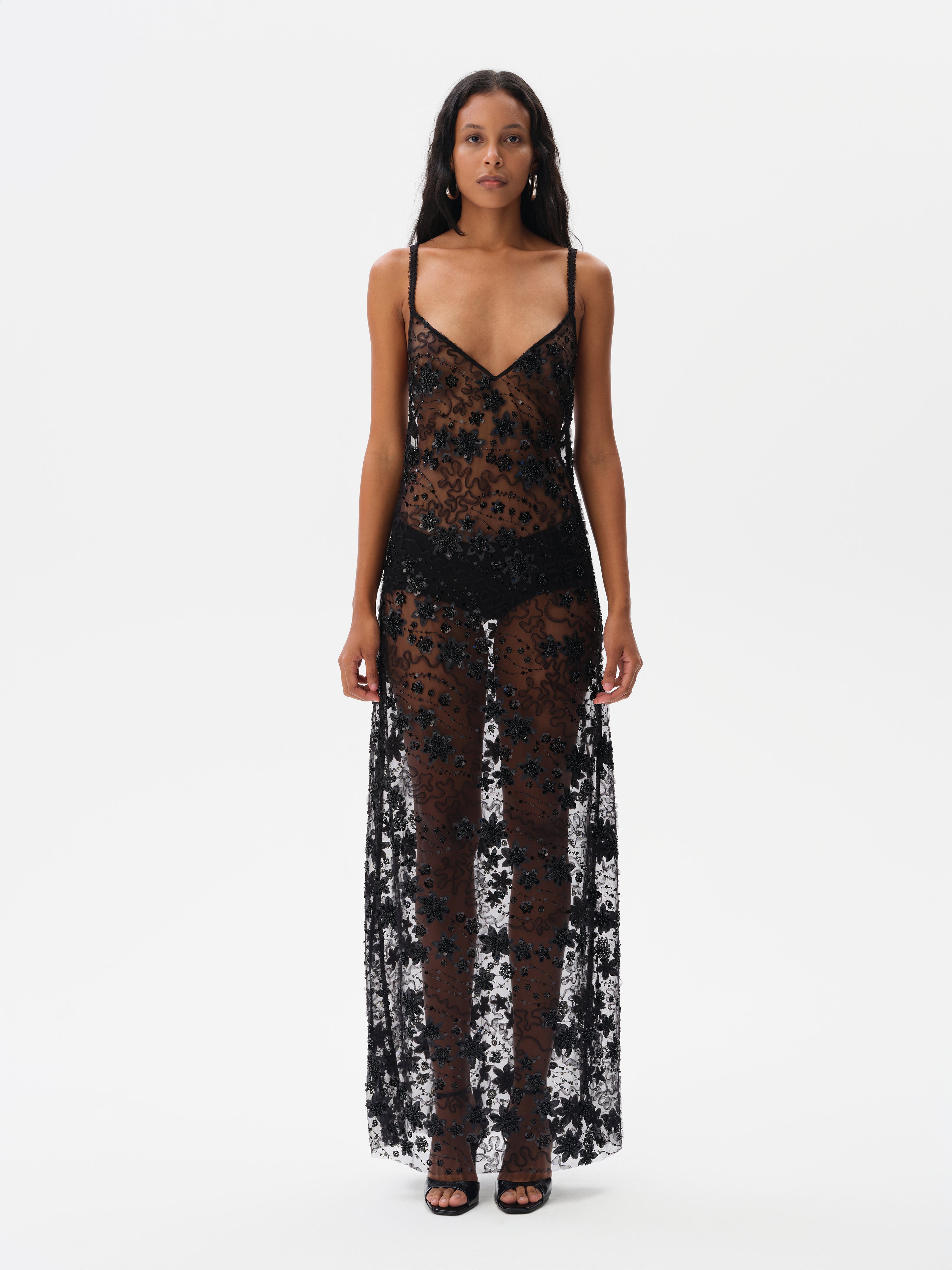 LUCILLE - Embroidered open back maxi dress with mini shorts