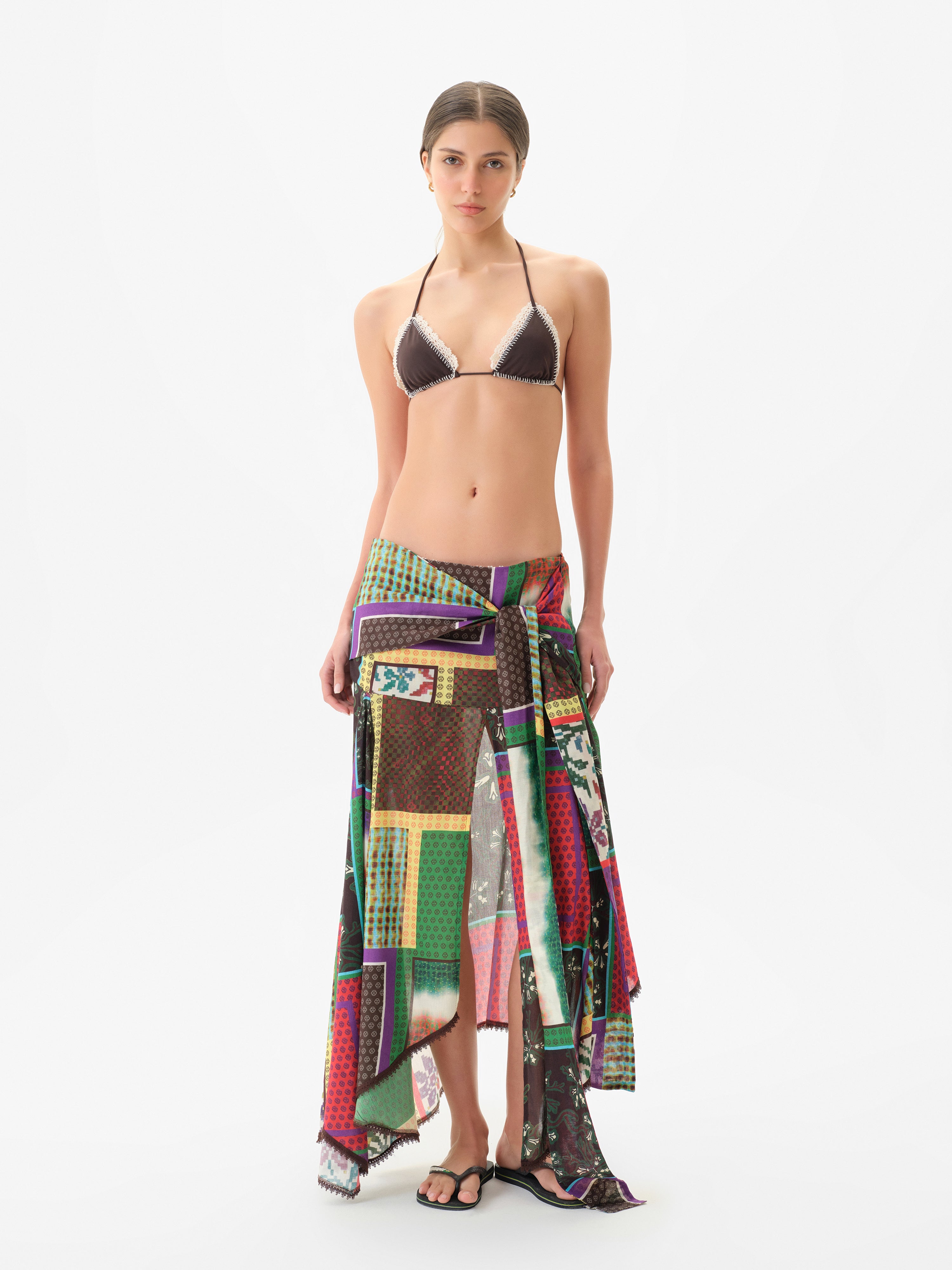LUMIER - Patchwork draped skirt with knot detail and asymmetrical hem