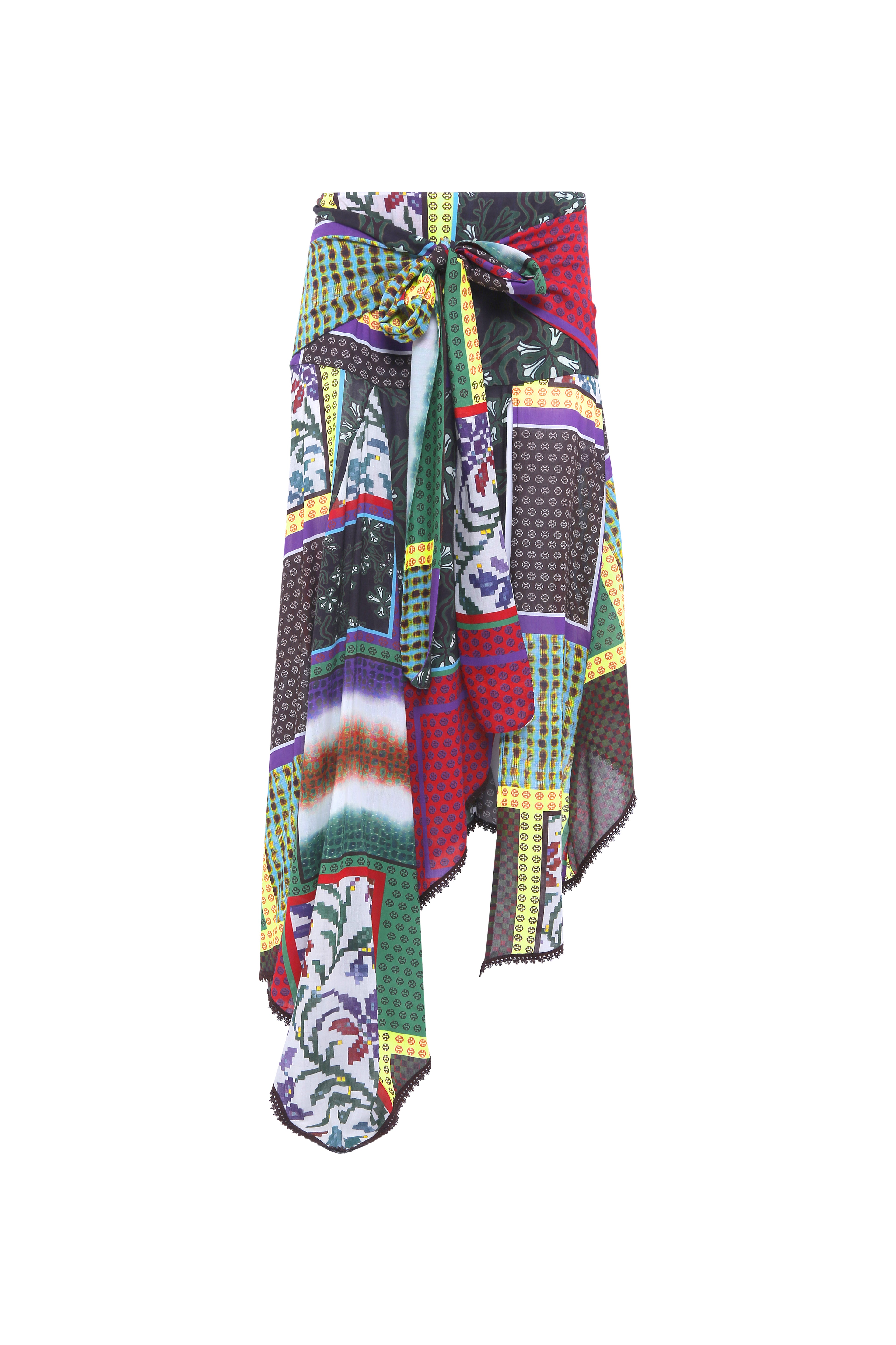 LUMIER - Patchwork draped skirt with knot detail and asymmetrical hem