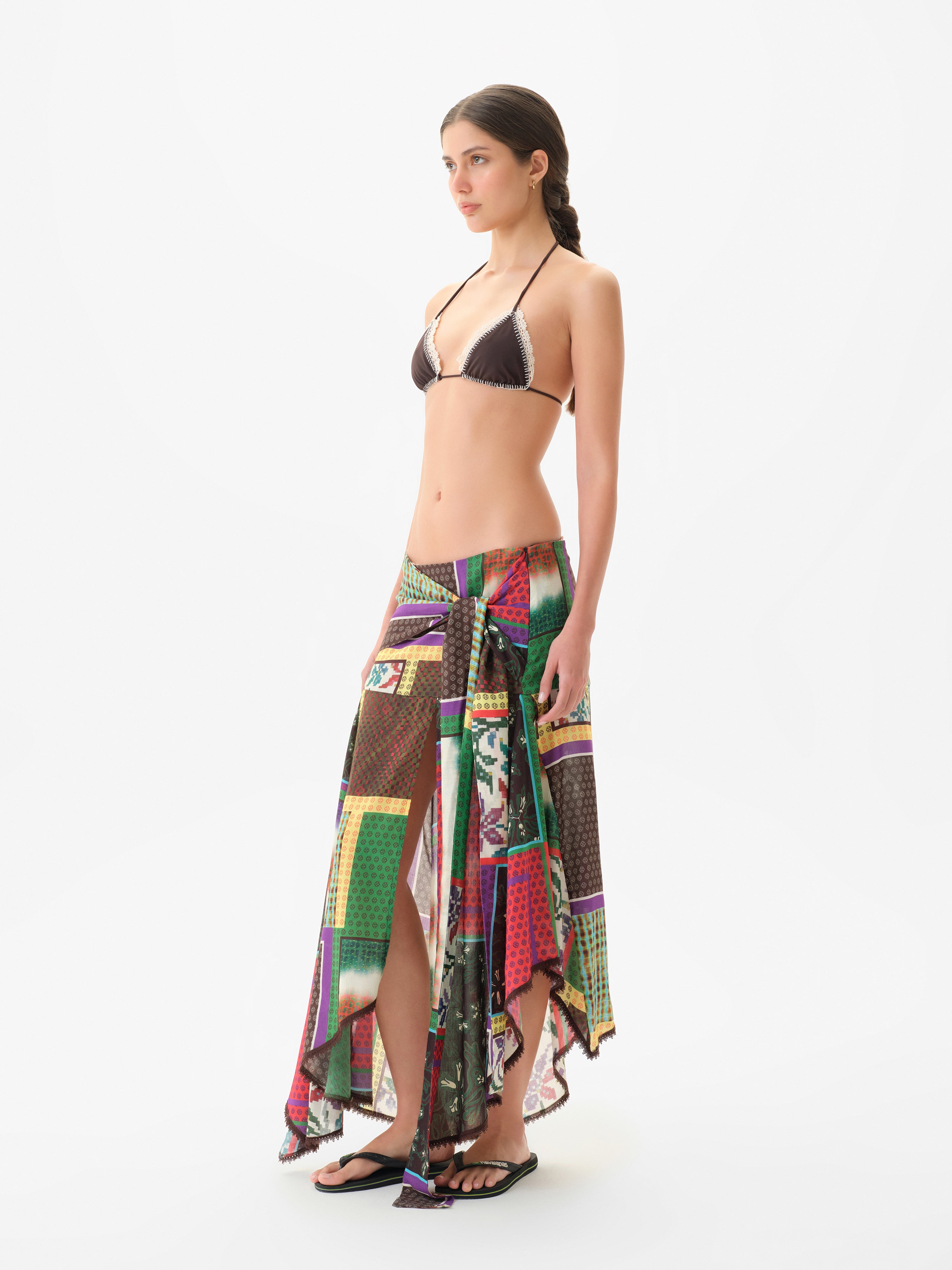 LUMIER - Patchwork draped skirt with knot detail and asymmetrical hem