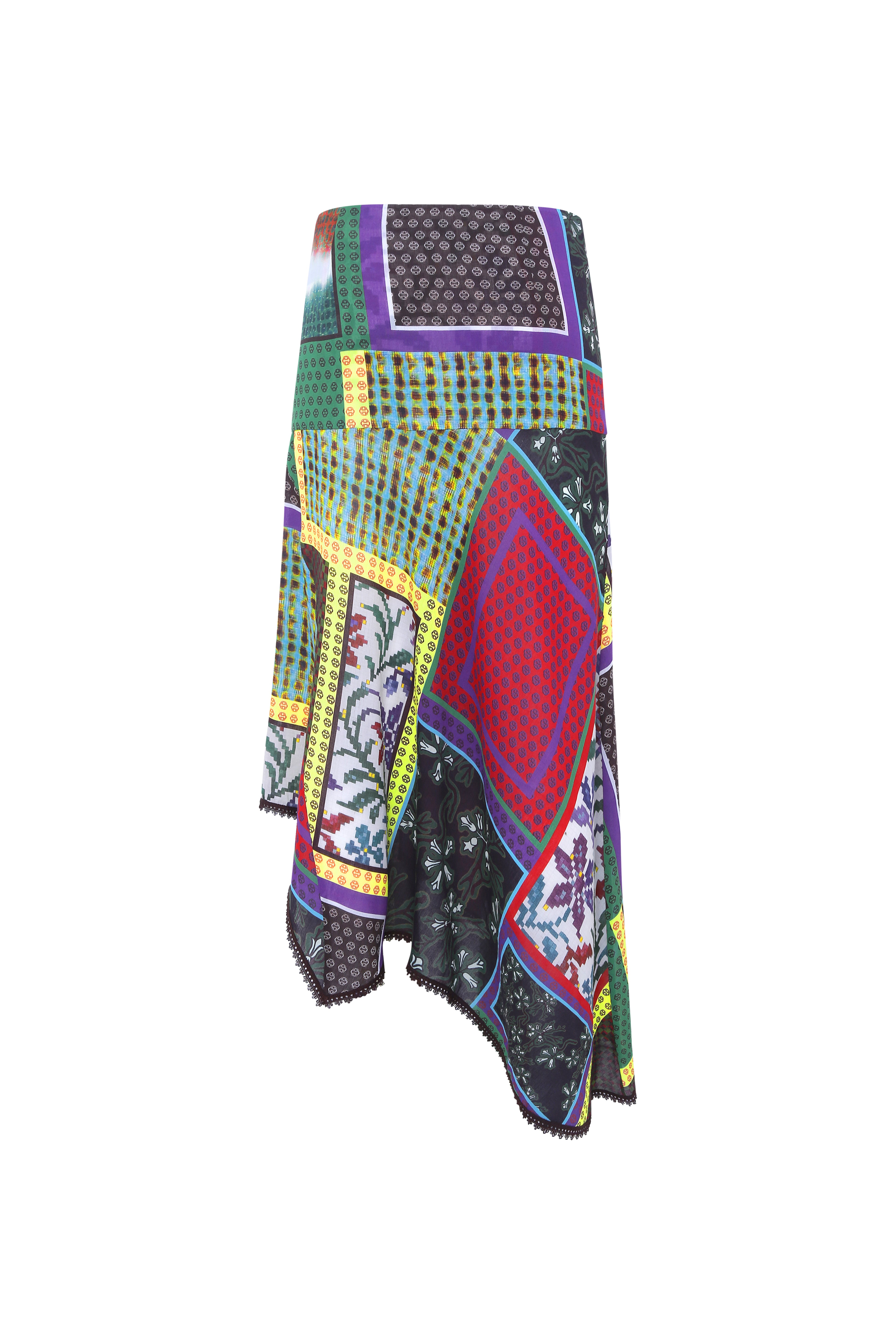 LUMIER - Patchwork draped skirt with knot detail and asymmetrical hem