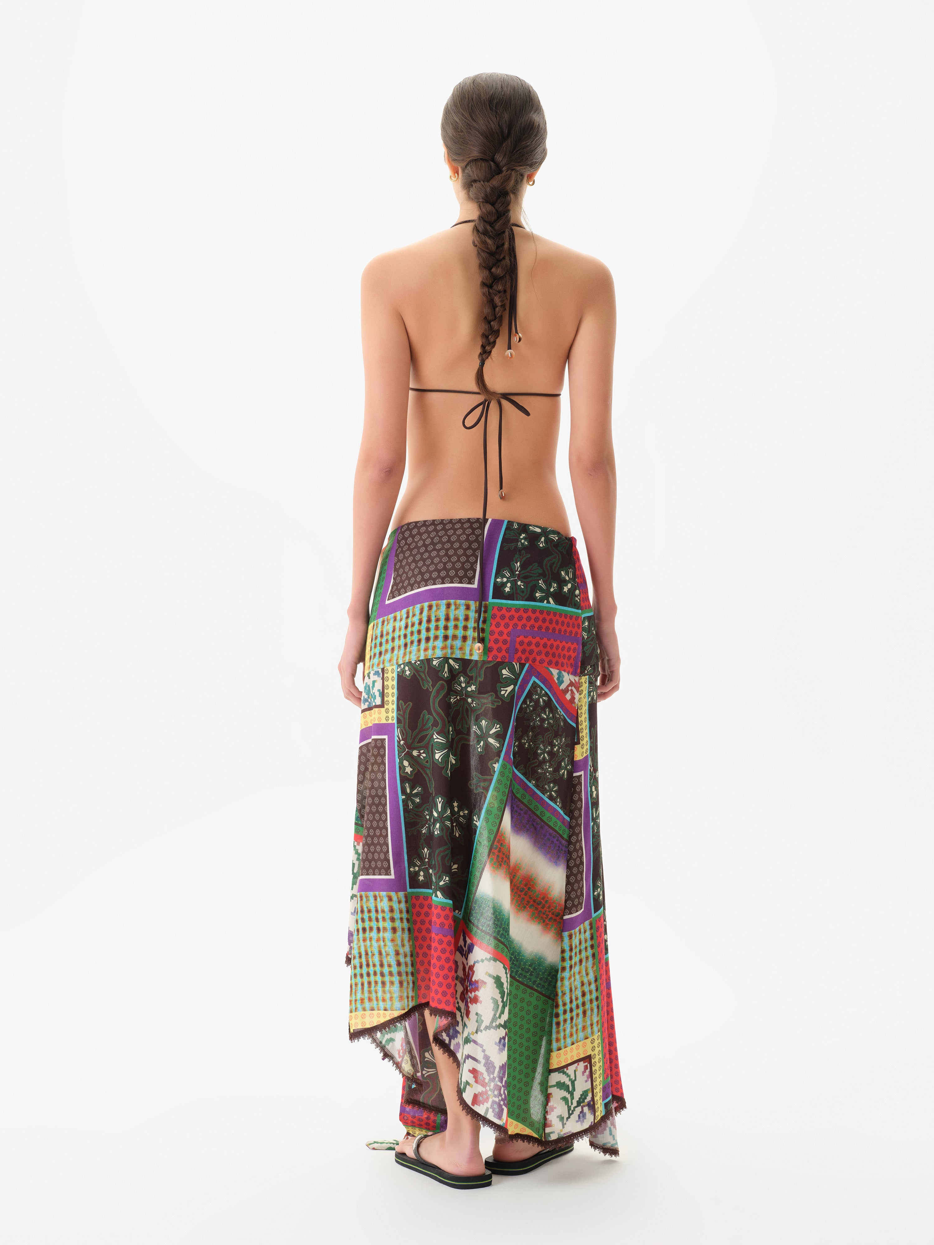 LUMIER - Patchwork draped skirt with knot detail and asymmetrical hem