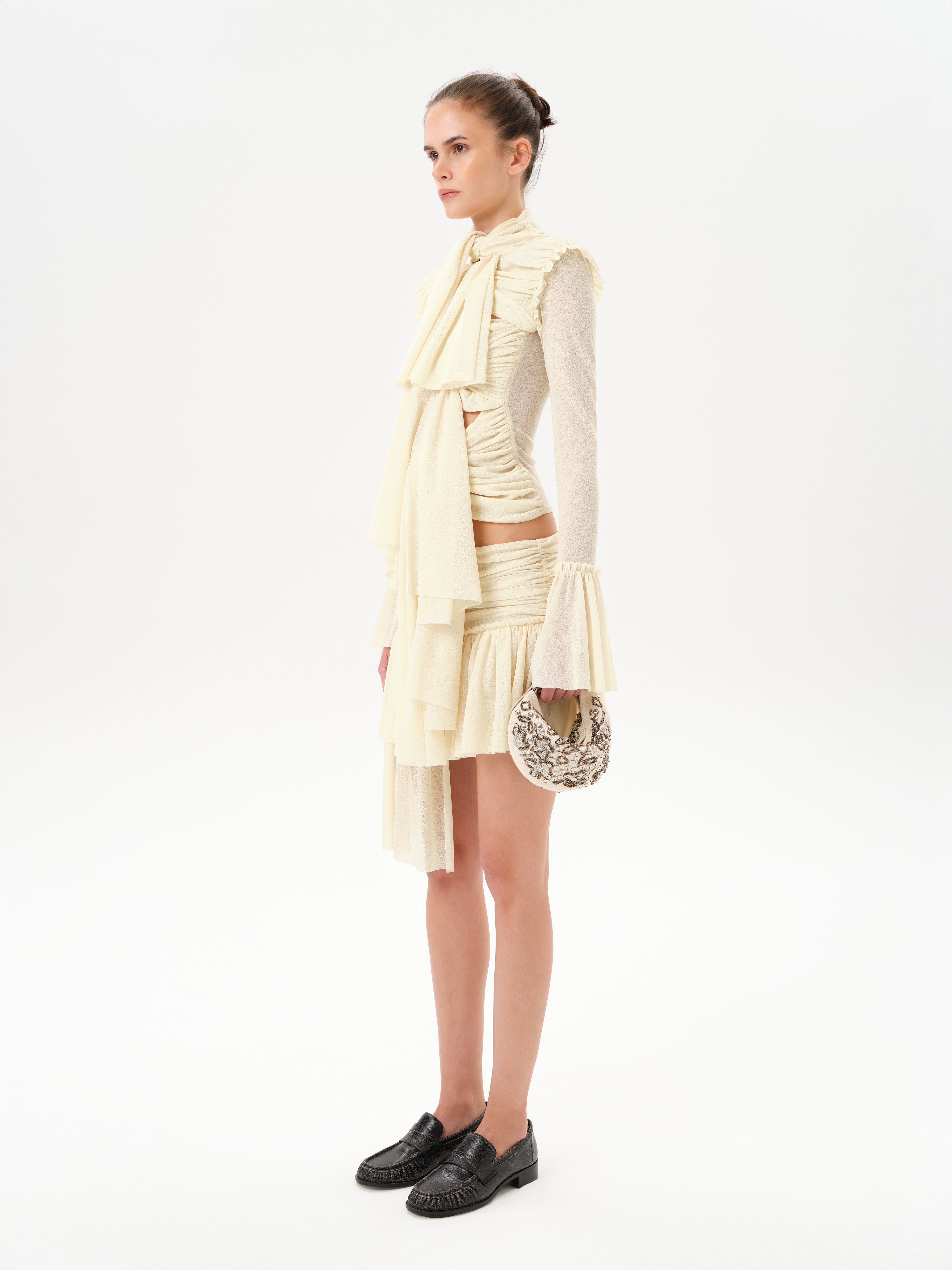 LUNA - Ruched semi sheer mesh top with layered front tie details