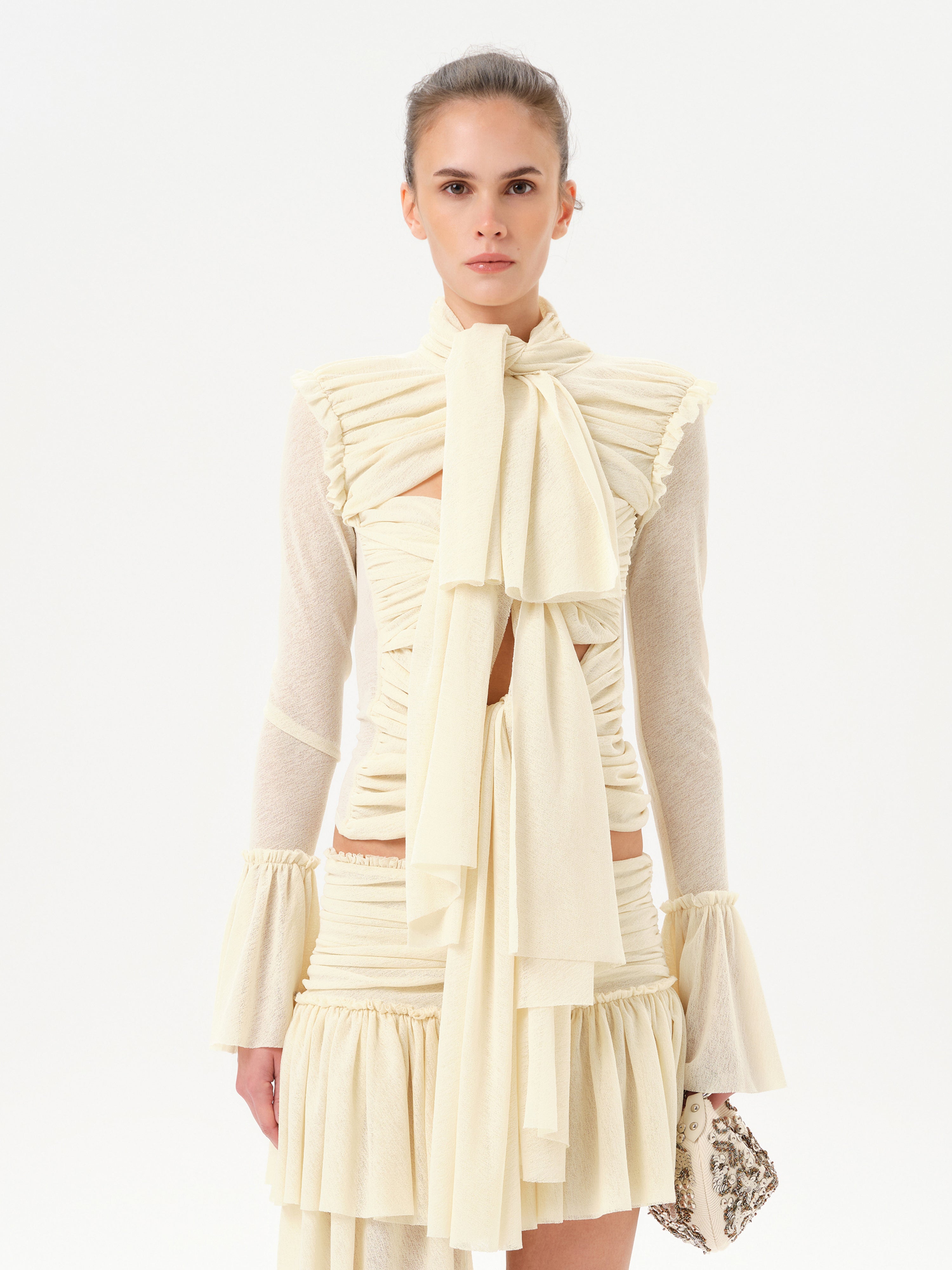 LUNA - Ruched semi sheer mesh top with layered front tie details