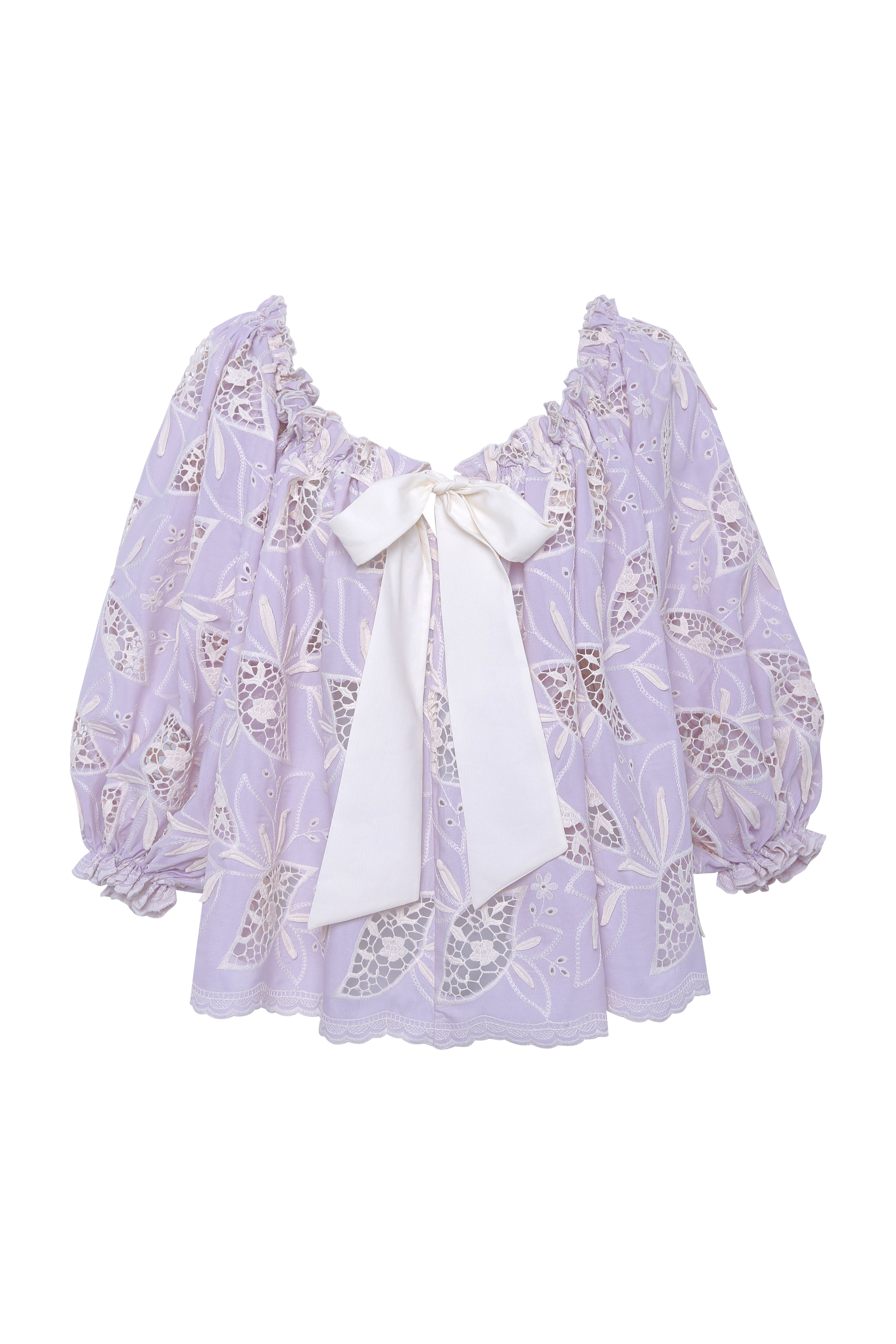 LUNE - Ruffled puff sleeve top with ivory floral embroidery