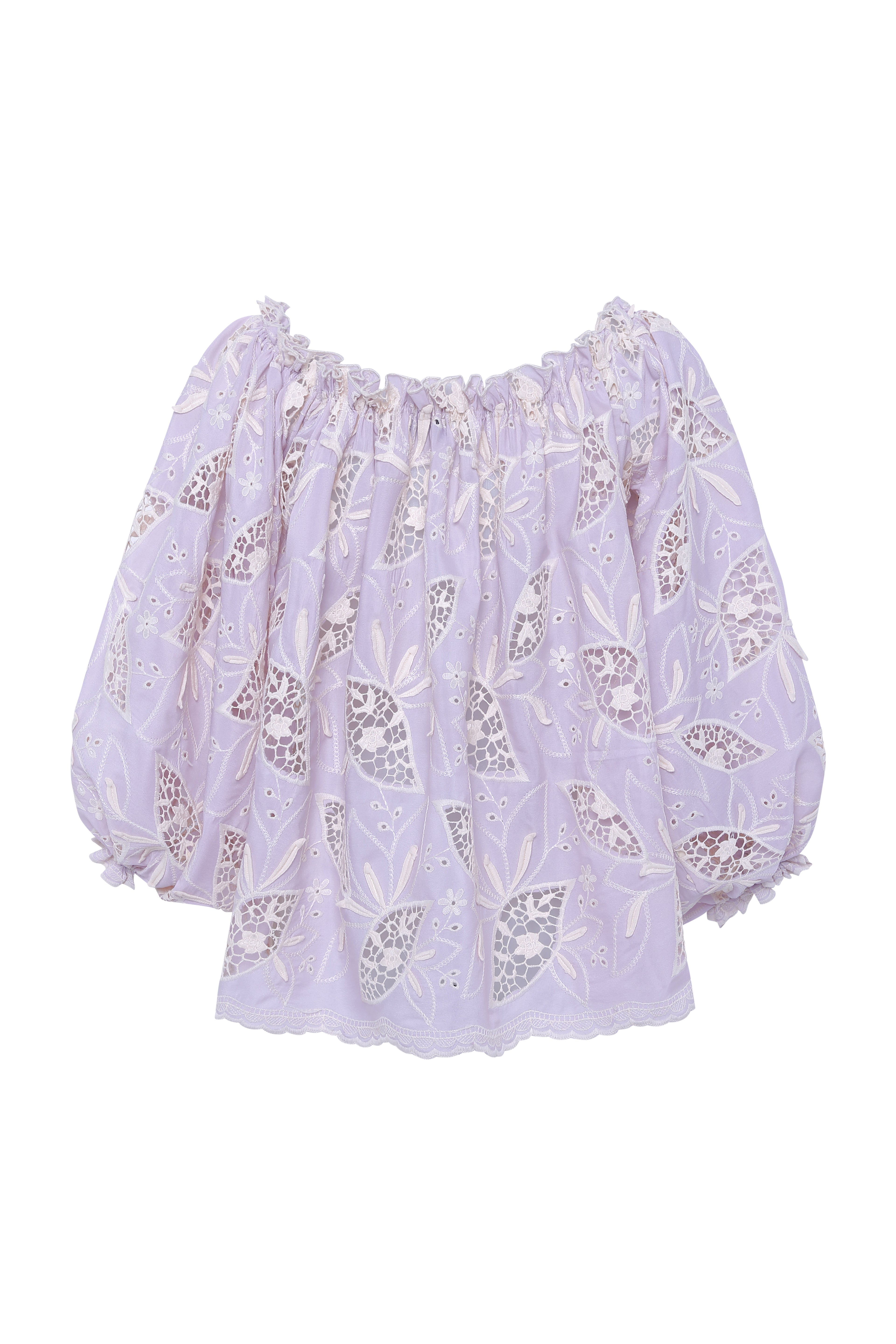 LUNE - Ruffled puff sleeve top with ivory floral embroidery