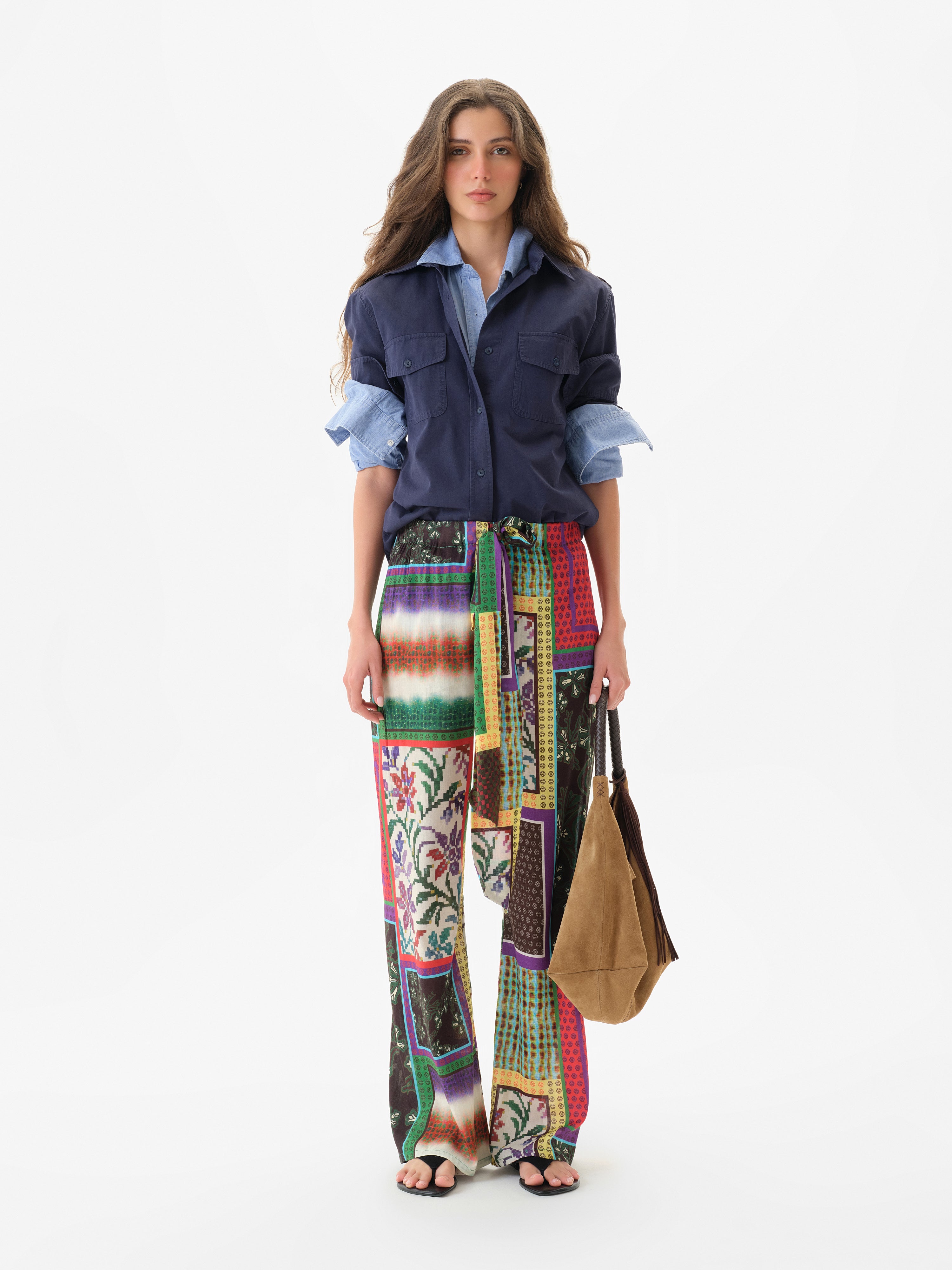 MANOCE - Patchwork print wide-leg pants with front tie