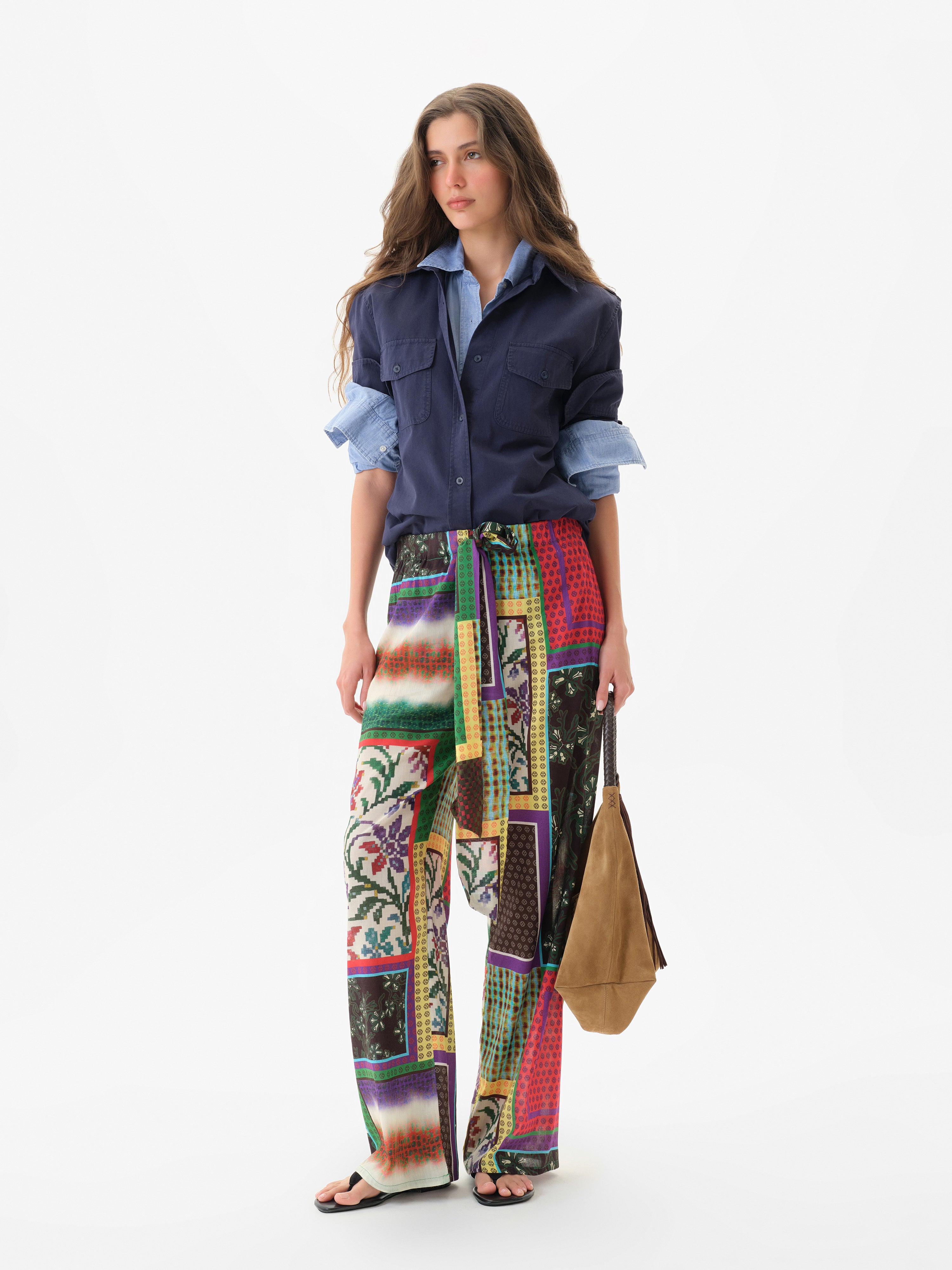 MANOCE - Patchwork print wide-leg pants with front tie