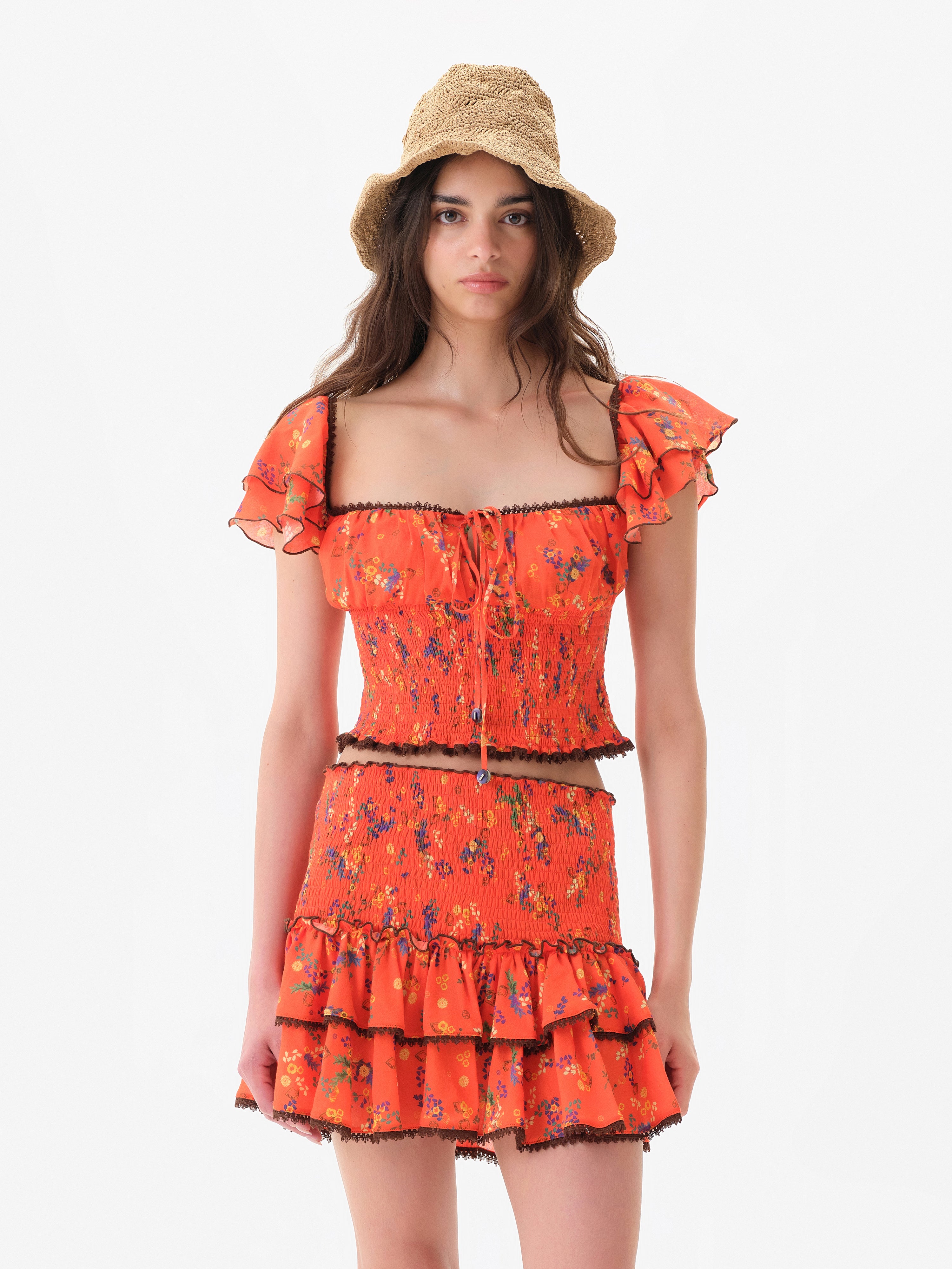 MARDY - Floral print blouse with smocked hem and ruffled sleeves