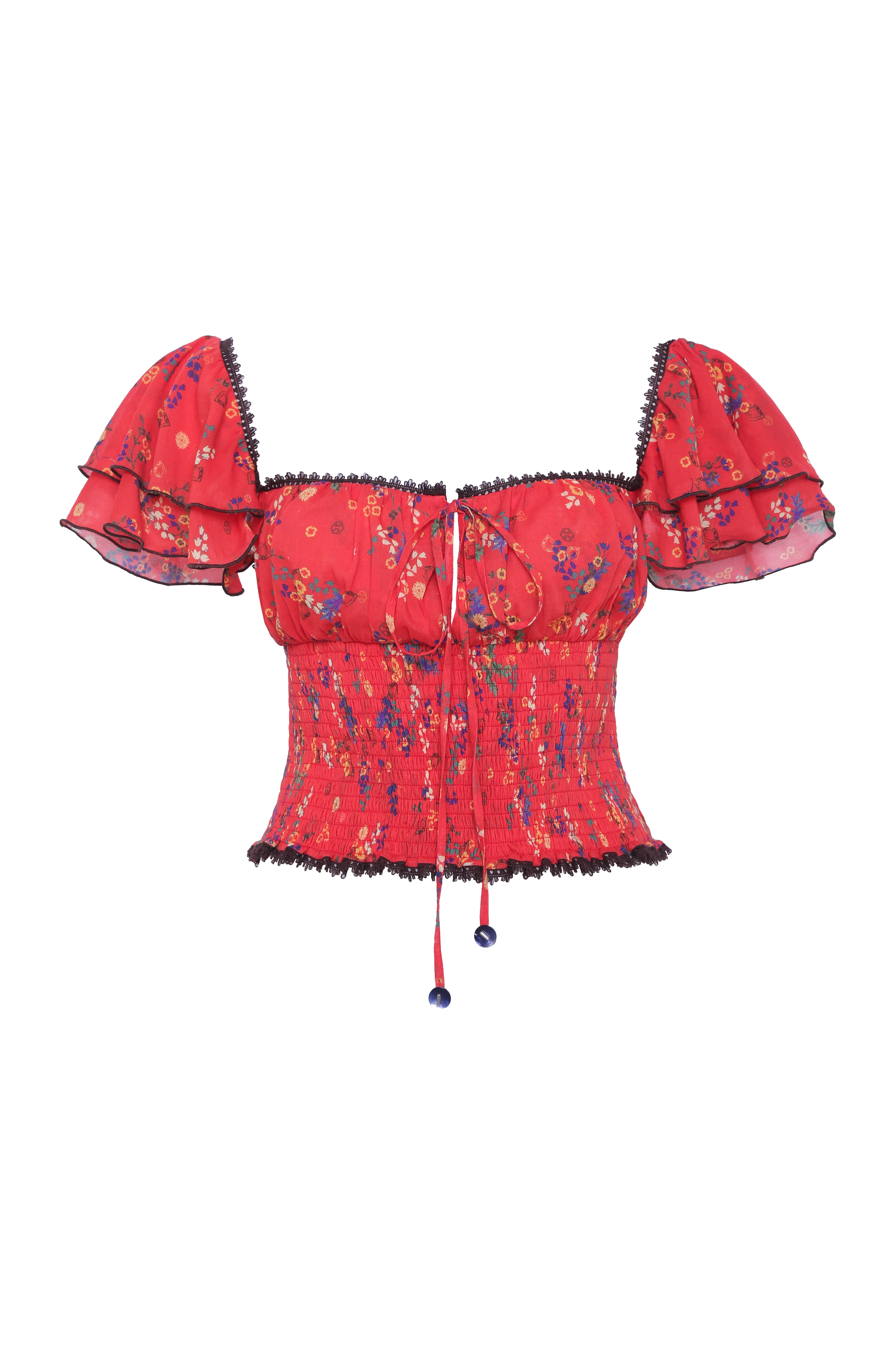 MARDY - Floral print blouse with smocked hem and ruffled sleeves