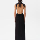 MARGOT - Open-back silver-trimmed satin maxi dress