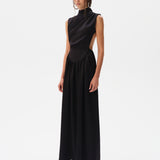 MARGOT - Open-back silver-trimmed satin maxi dress
