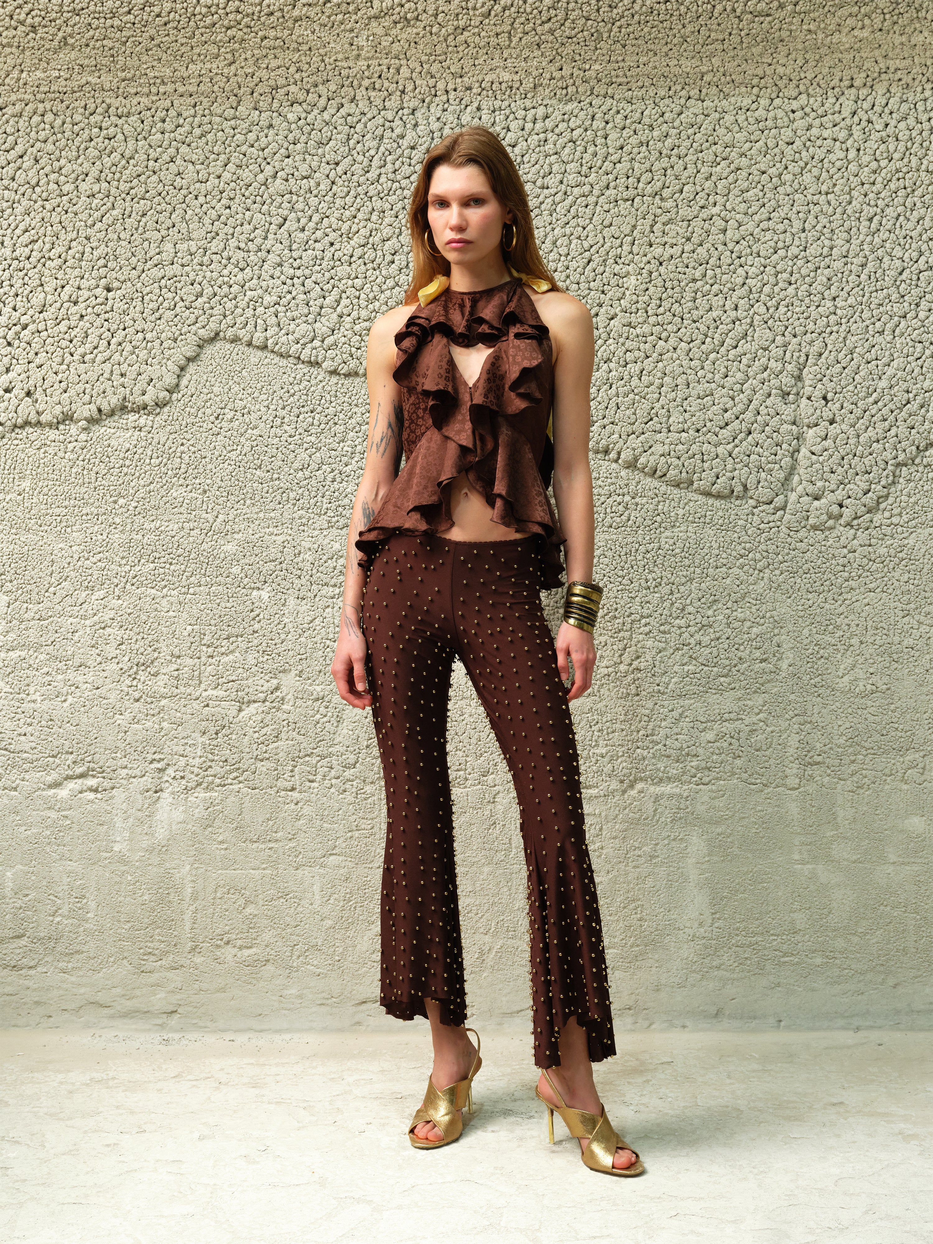 MARIAN - Ruffled floral satin devoré top