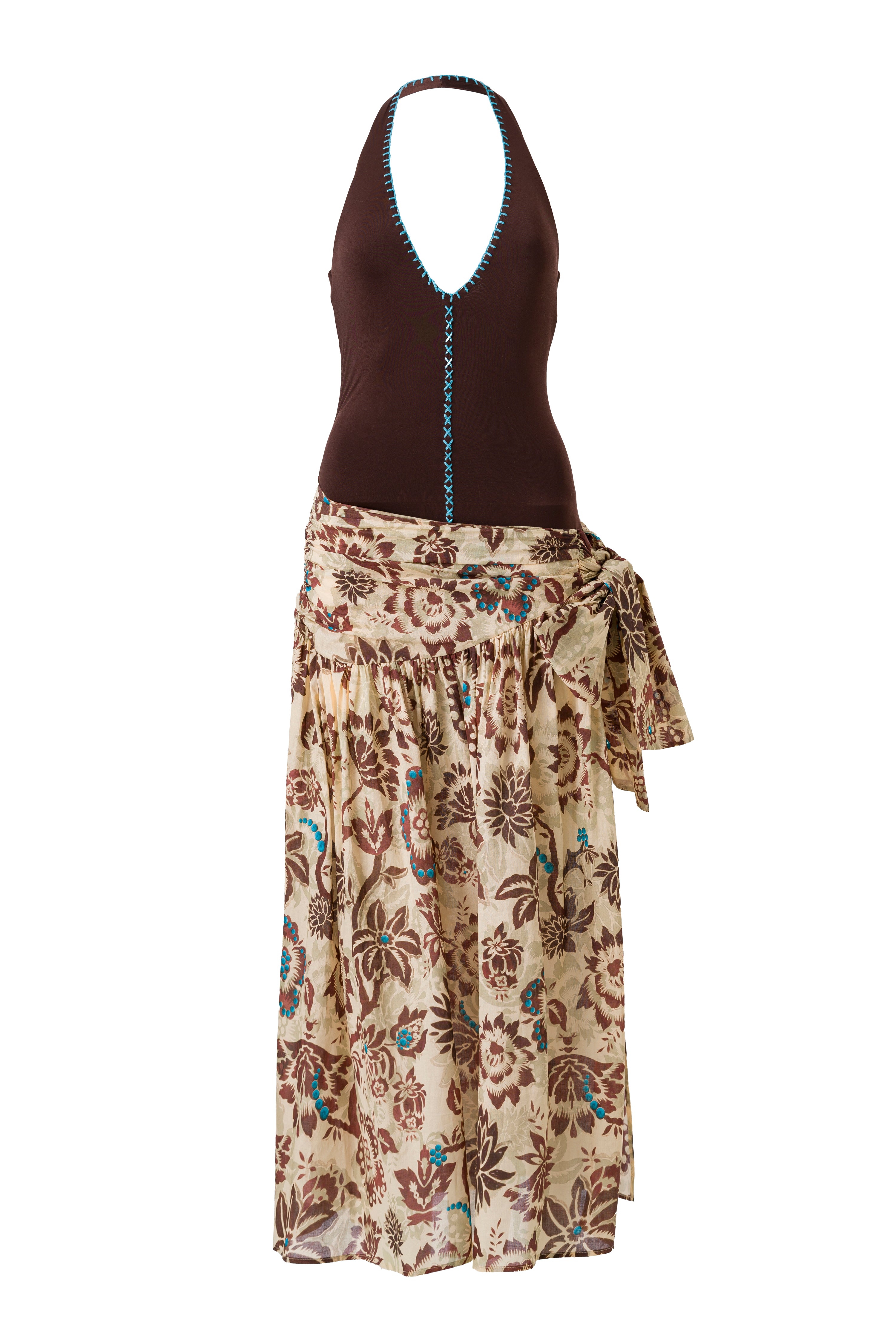 MIDIAS - Halterneck dress with a floral-printed wrap skirt