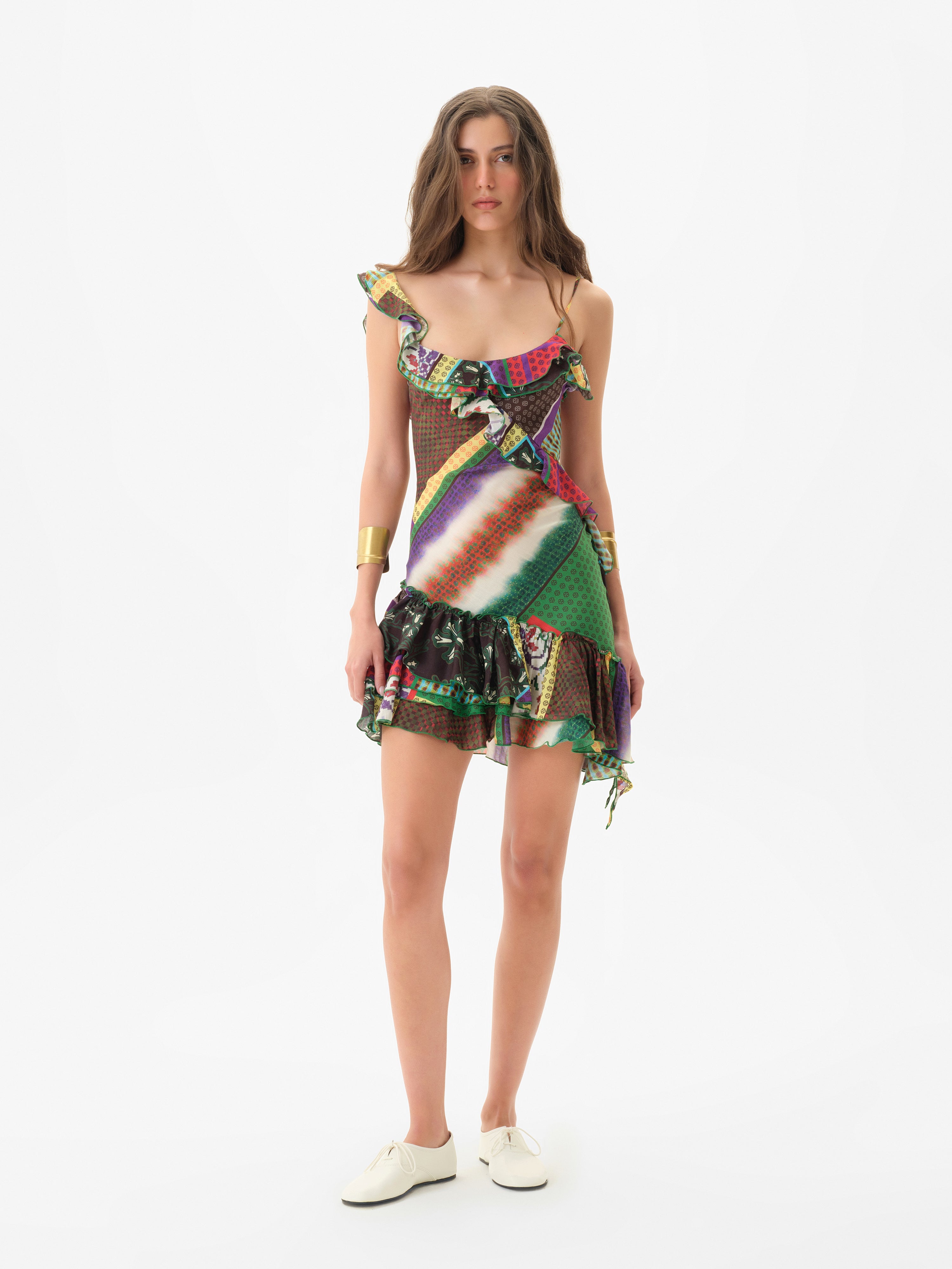 MIMIKA - Patchwork print mini dress with ruffle detailing