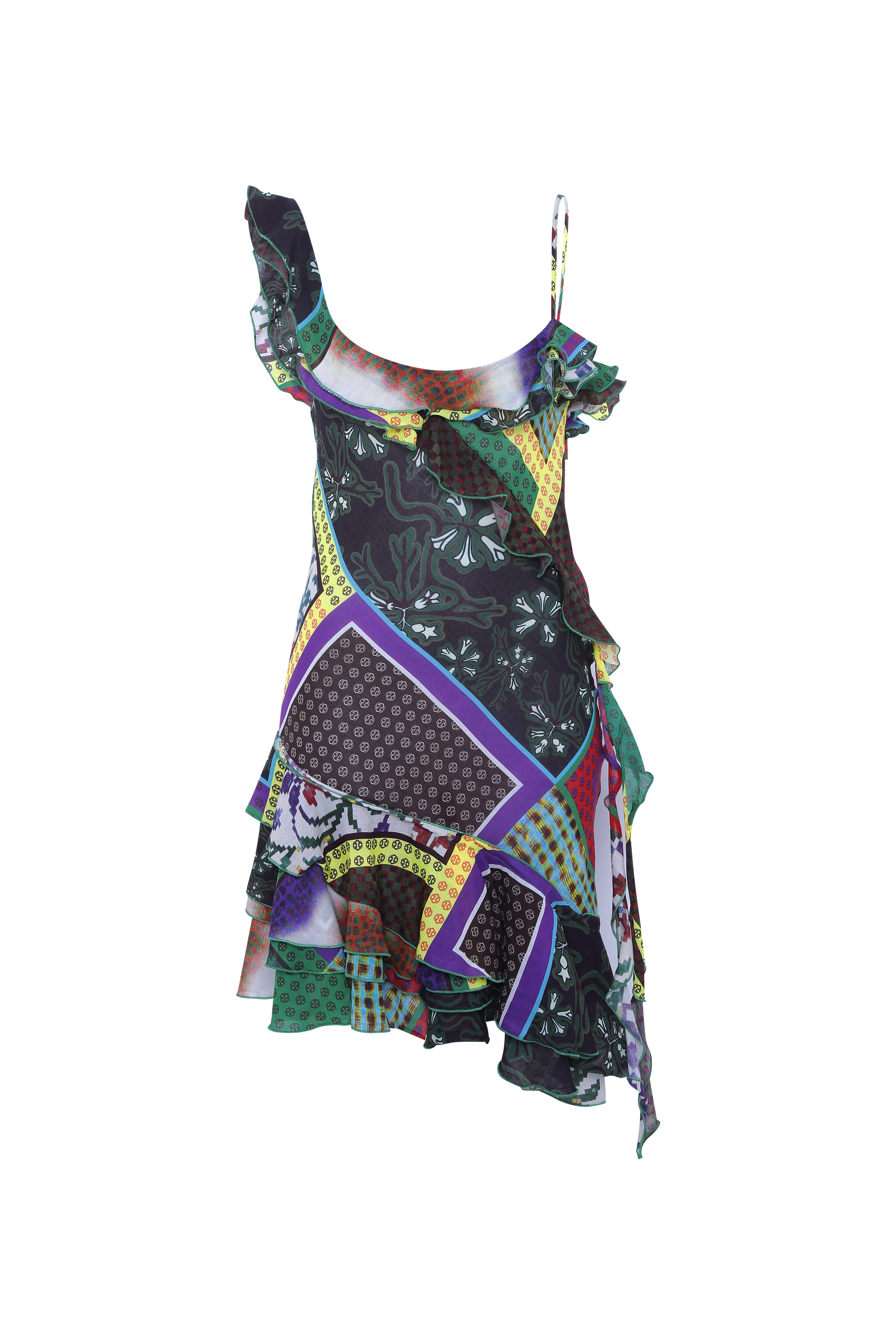 MIMIKA - Patchwork print mini dress with ruffle detailing