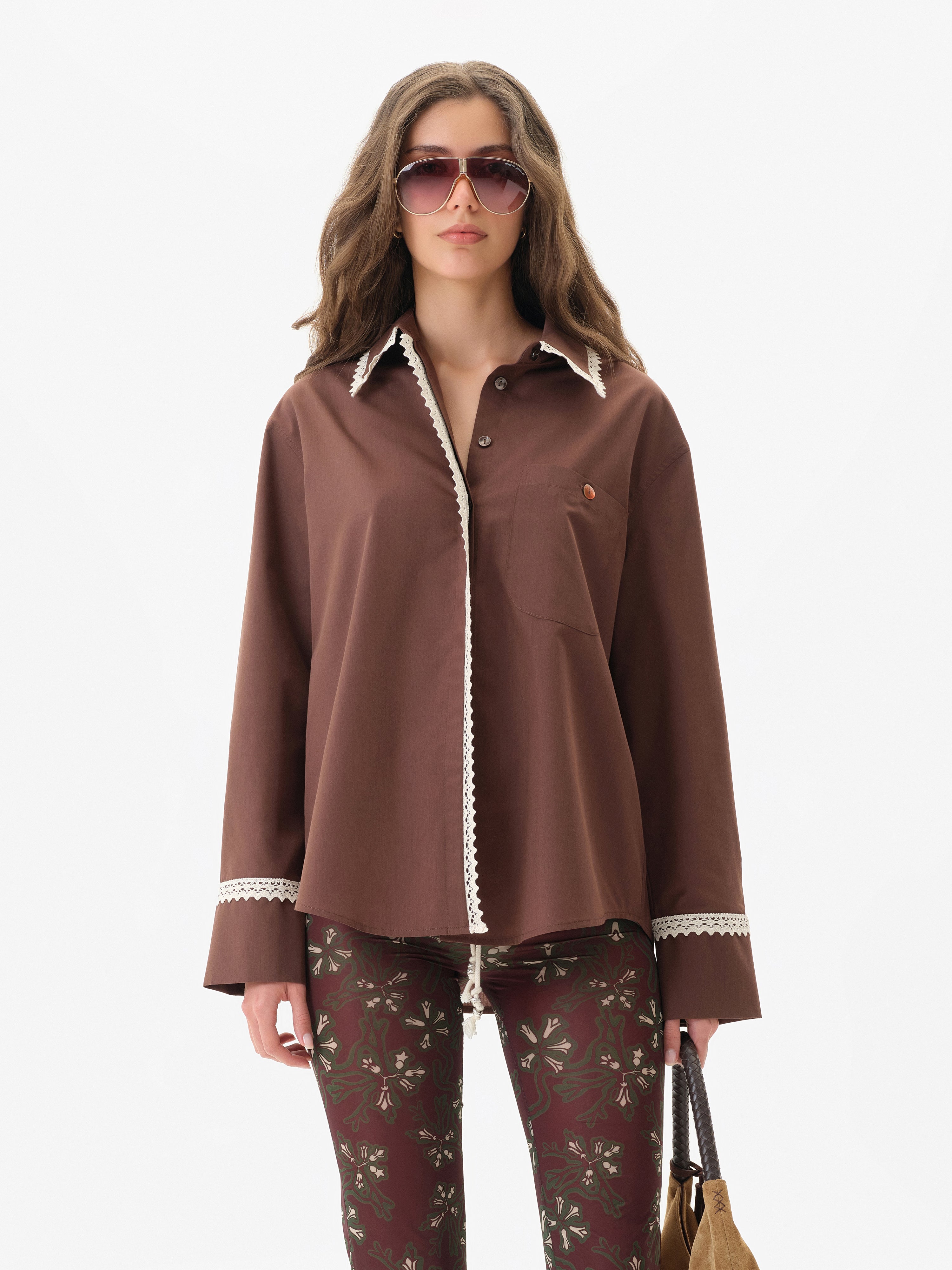 MIRNA - Oversized lace trim detailed mother-of-pearl button down shirt