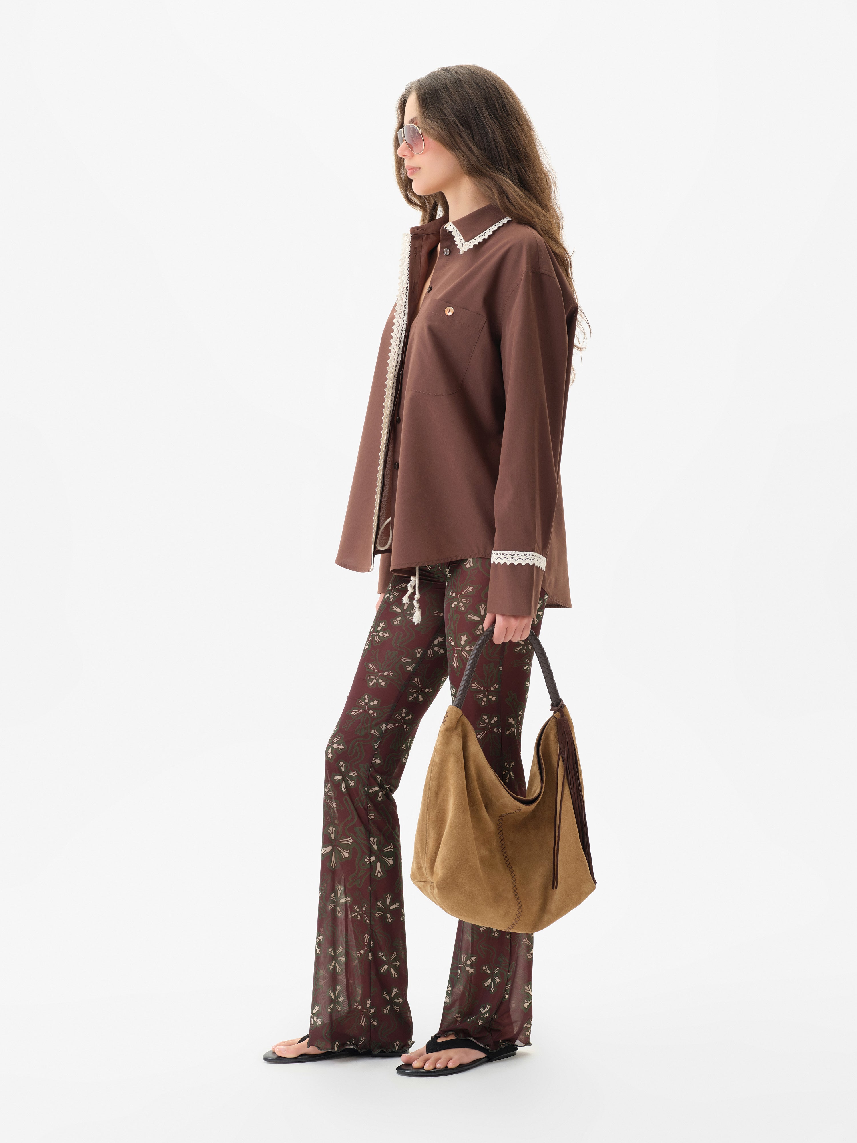 MIRNA - Oversized lace trim detailed mother-of-pearl button down shirt