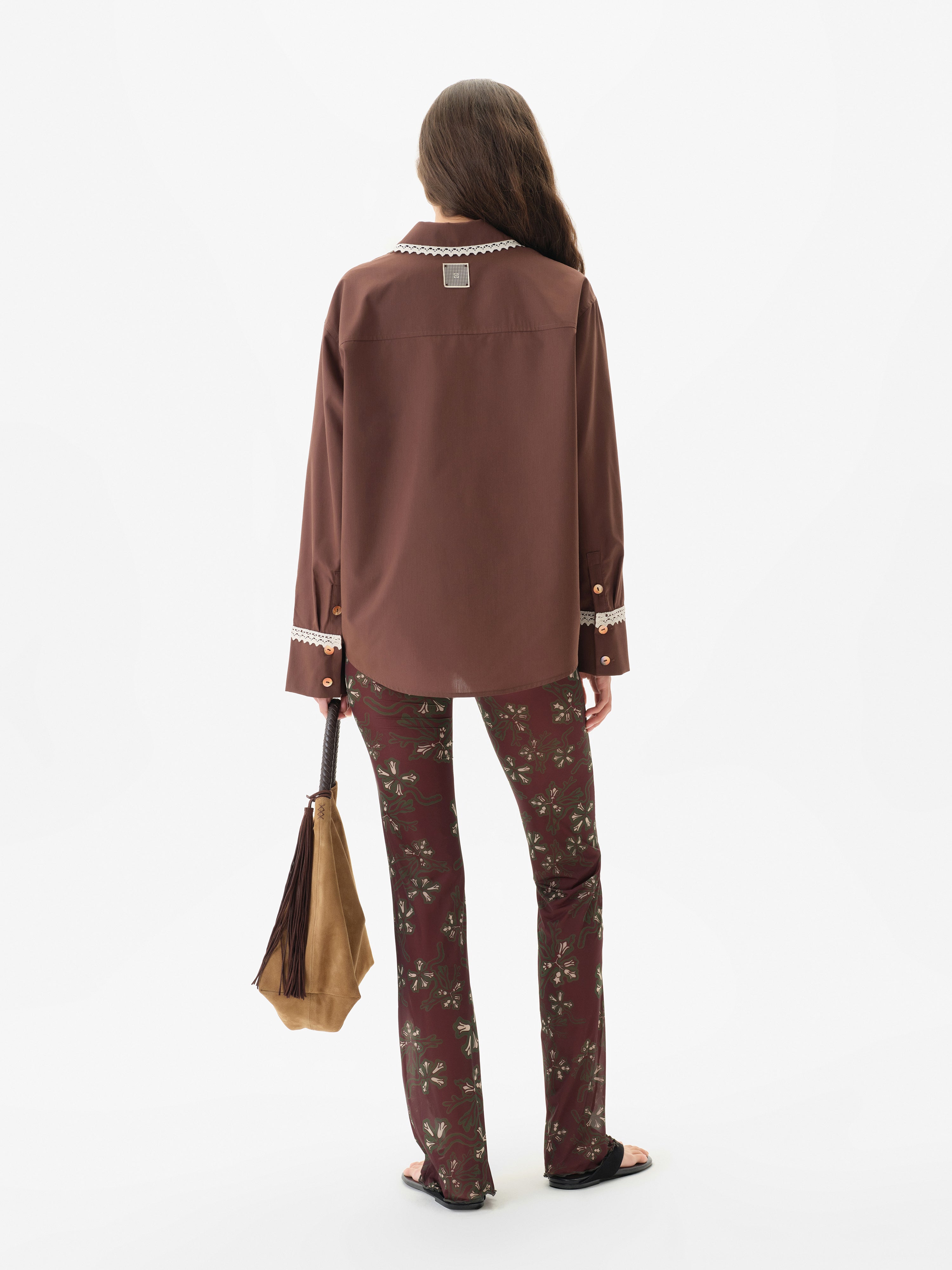 MIRNA - Oversized lace trim detailed mother-of-pearl button down shirt