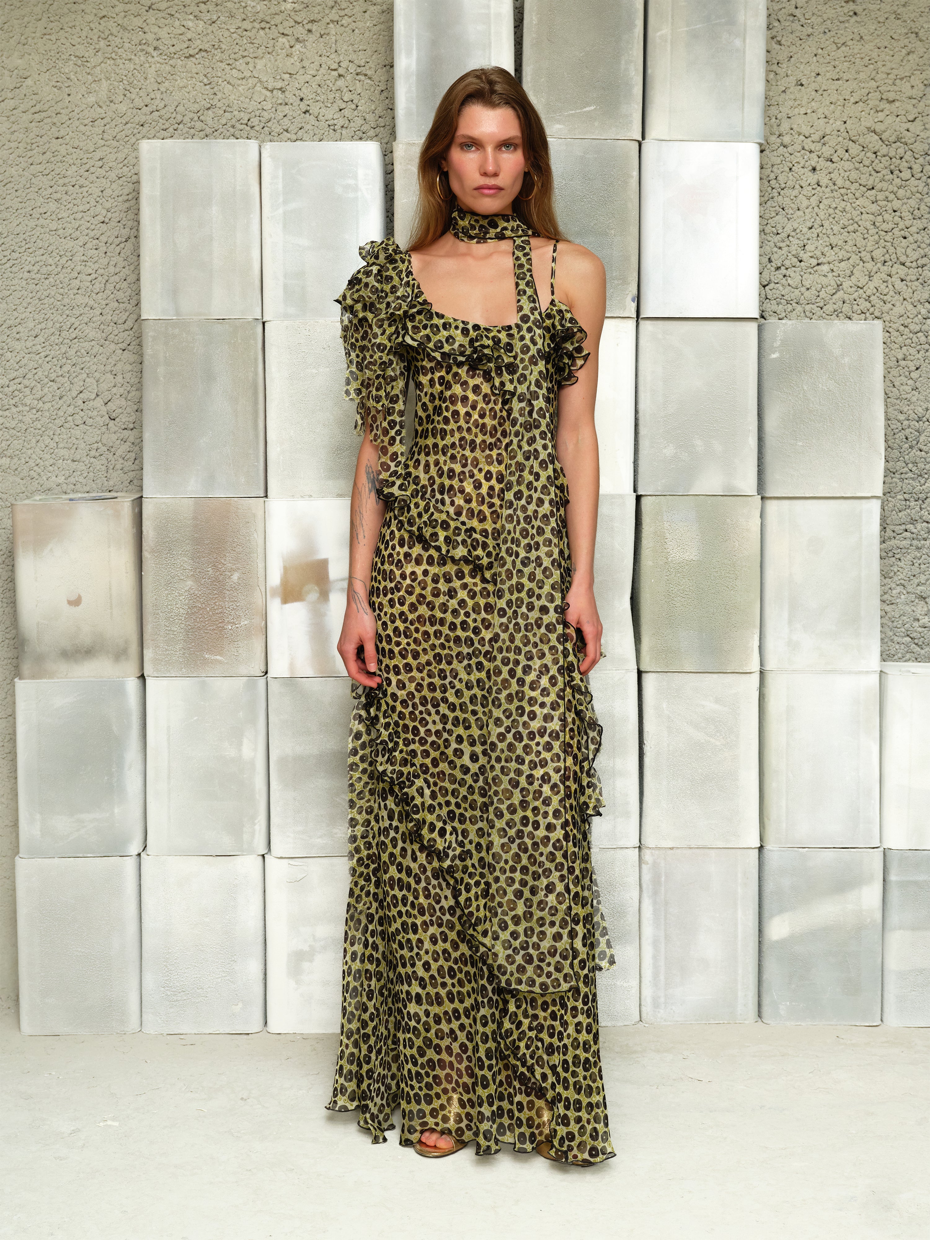 MONICA - Ruffled  chiffon maxi dress with scarf detail