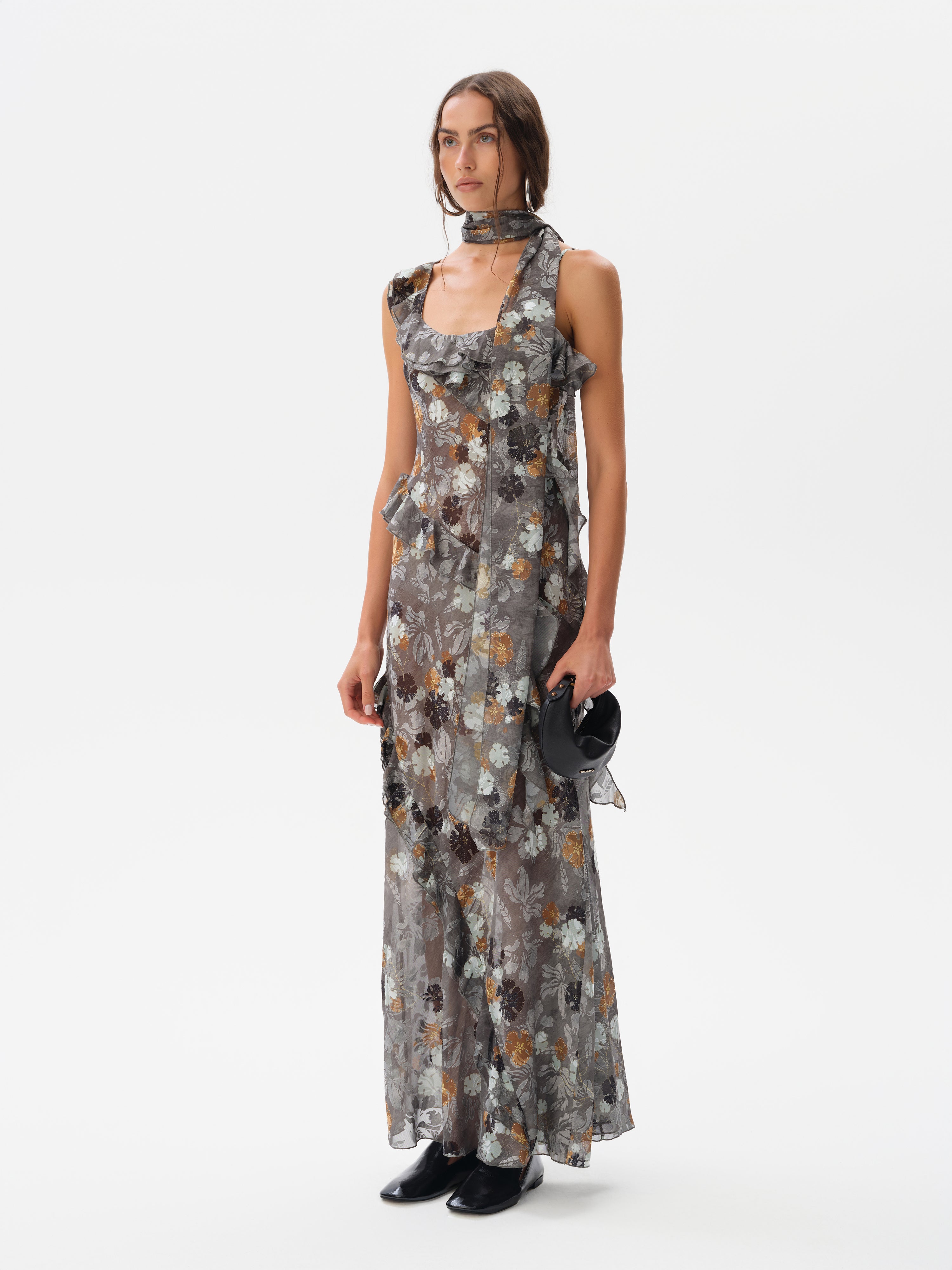 MONICA - Ruffled chiffon maxi dress with devoré detail