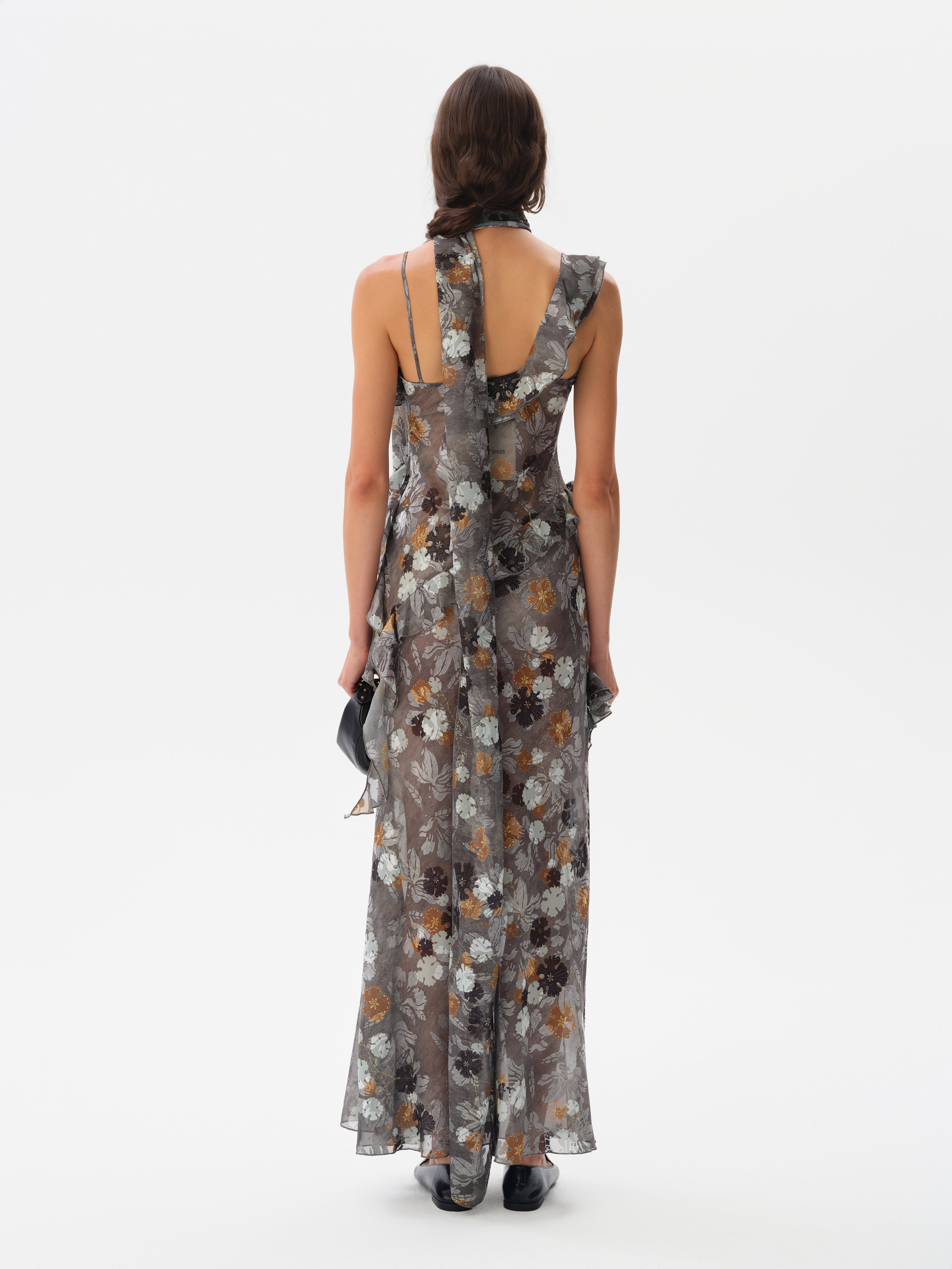 MONICA - Ruffled chiffon maxi dress with devoré detail