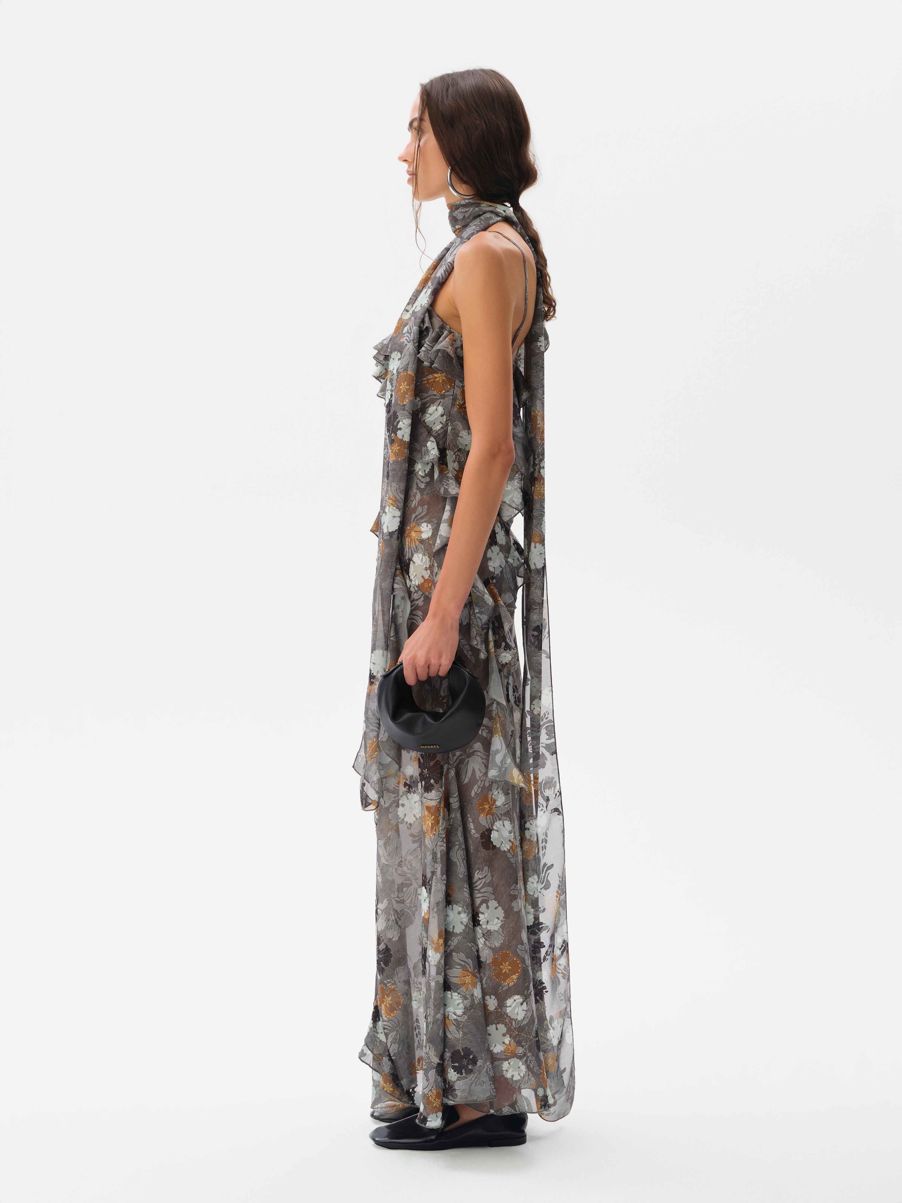 MONICA - Ruffled chiffon maxi dress with devoré detail