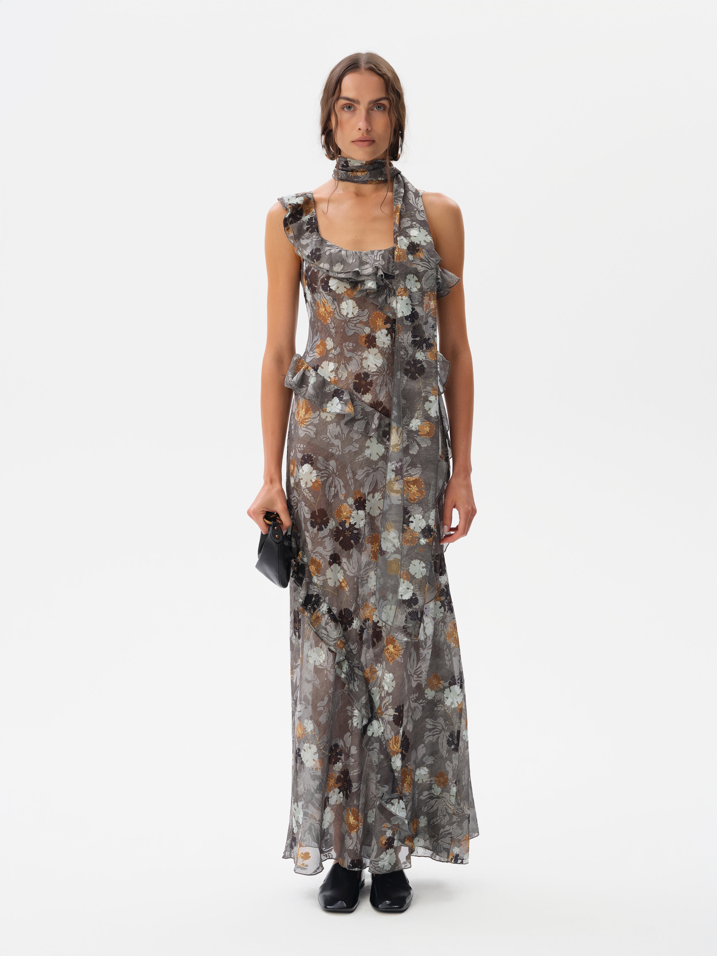 MONICA - Ruffled chiffon maxi dress with devoré detail