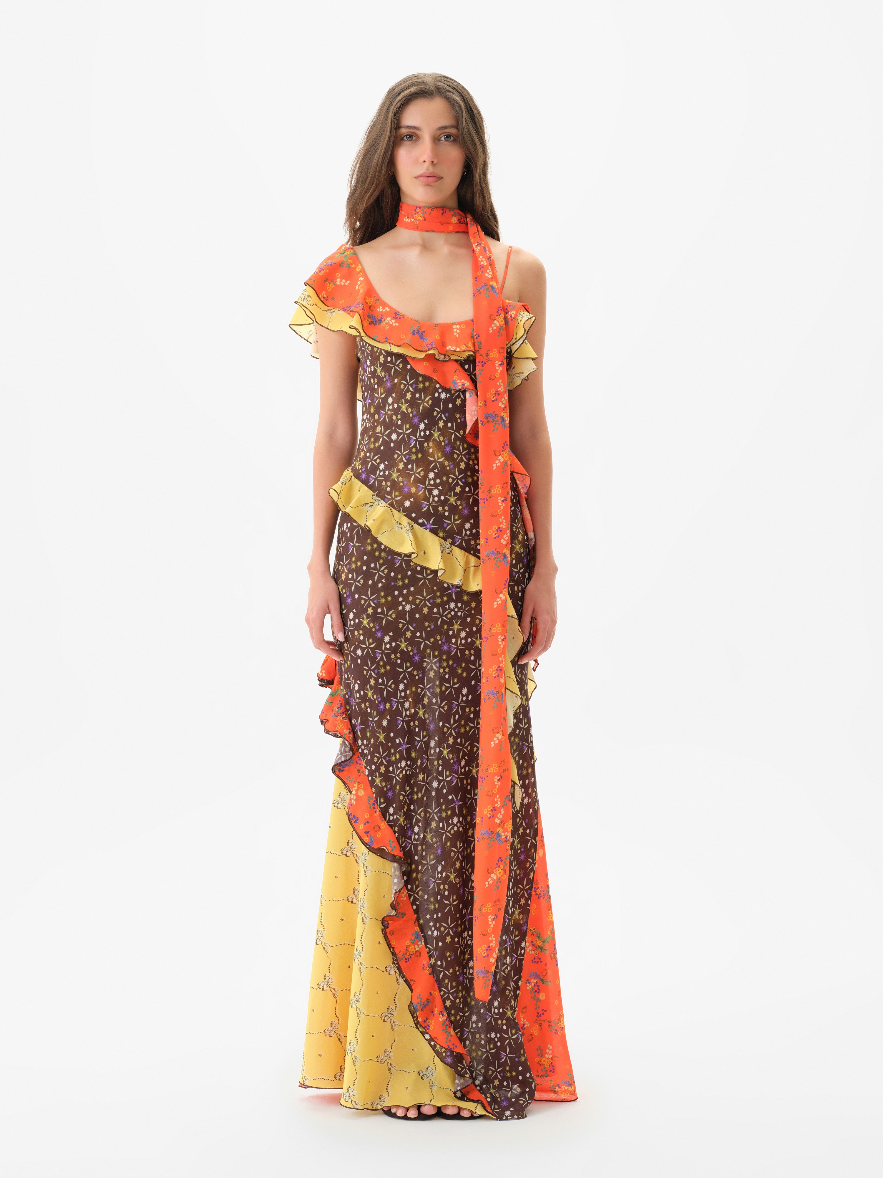 MONICA - Ruffled voile maxi dress with scarf detail