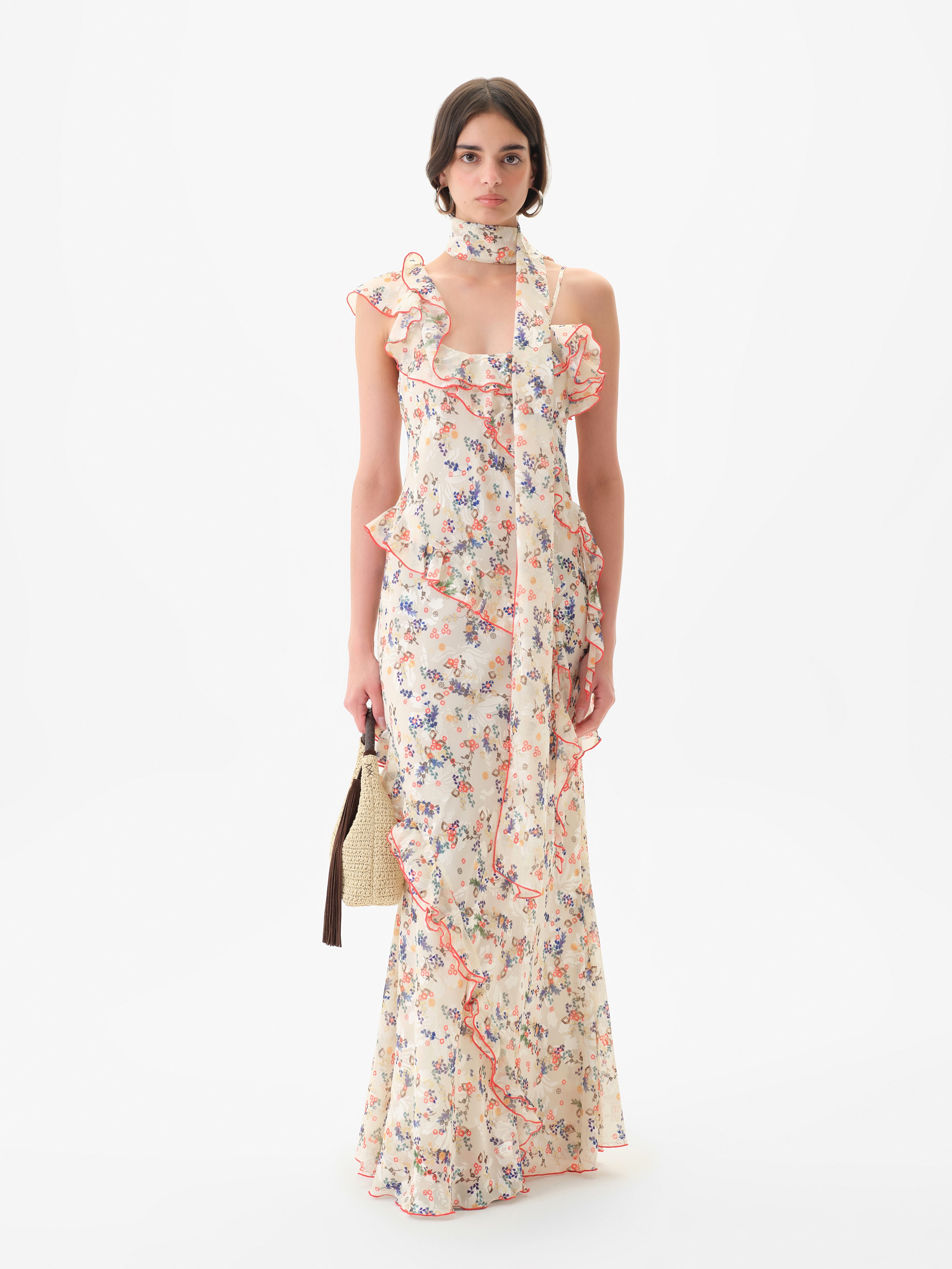 MONICA - Ruffled devoré chiffon maxi dress with scarf detail