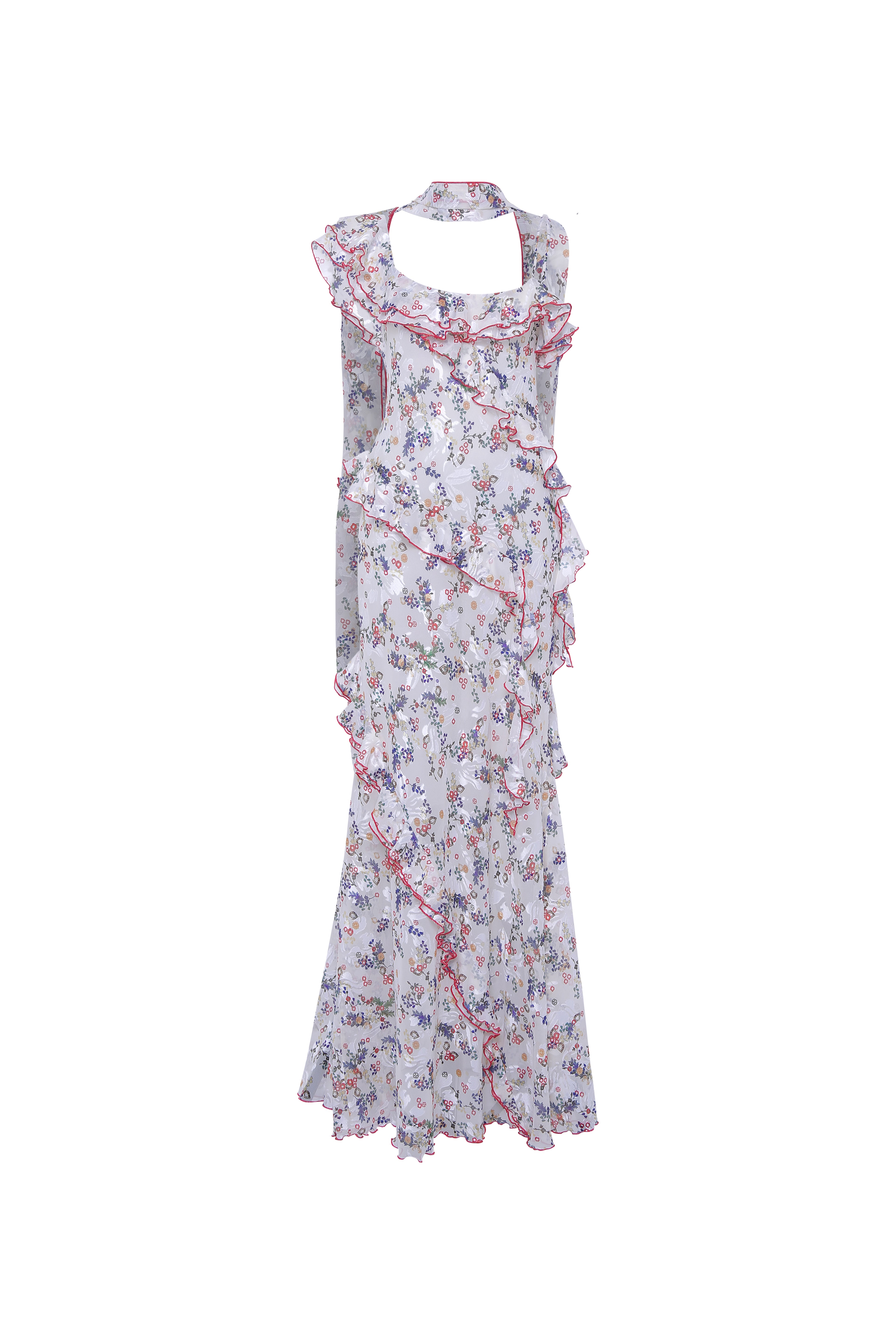 MONICA - Ruffled devoré chiffon maxi dress with scarf detail