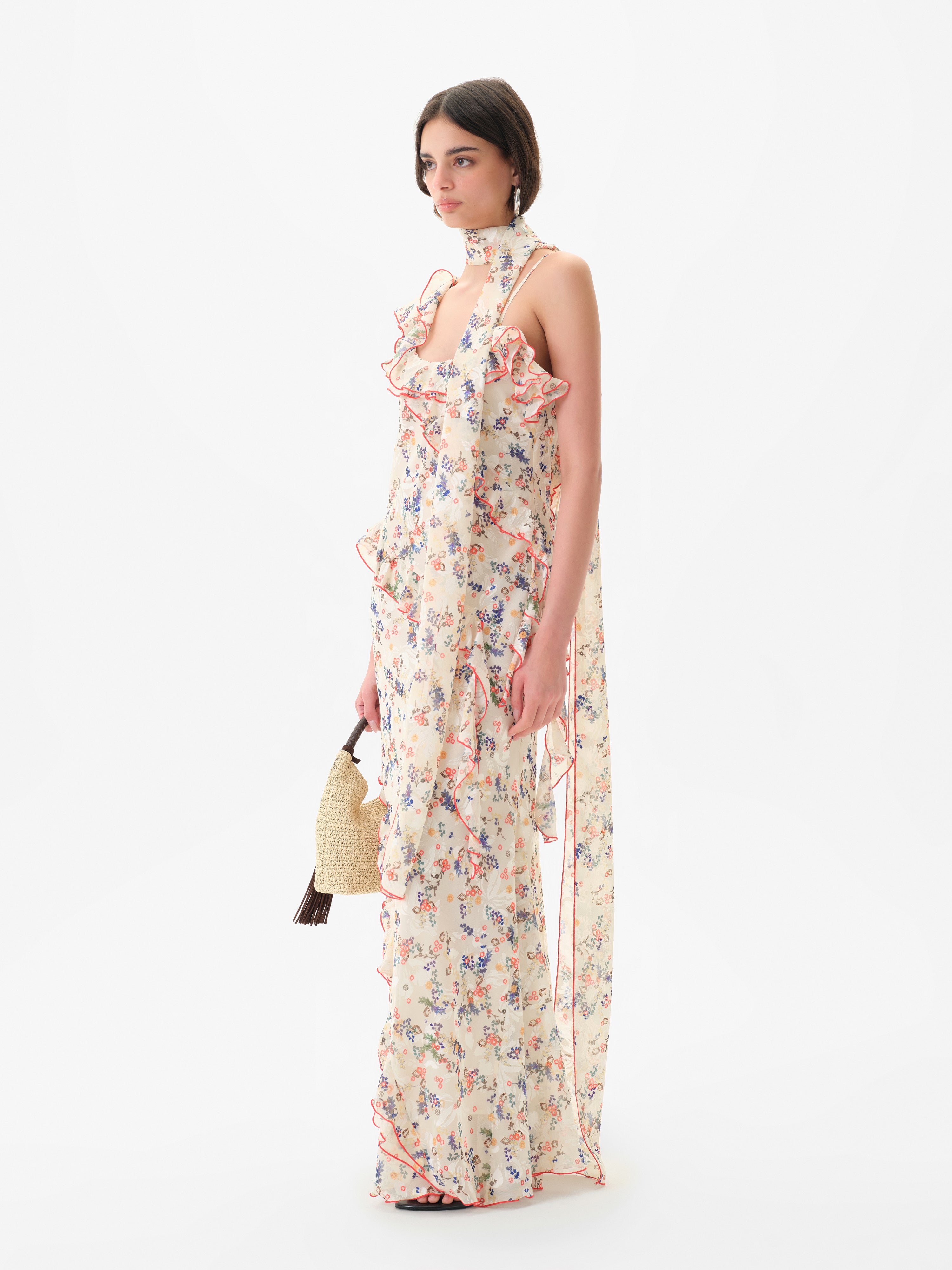 MONICA - Ruffled devoré chiffon maxi dress with scarf detail