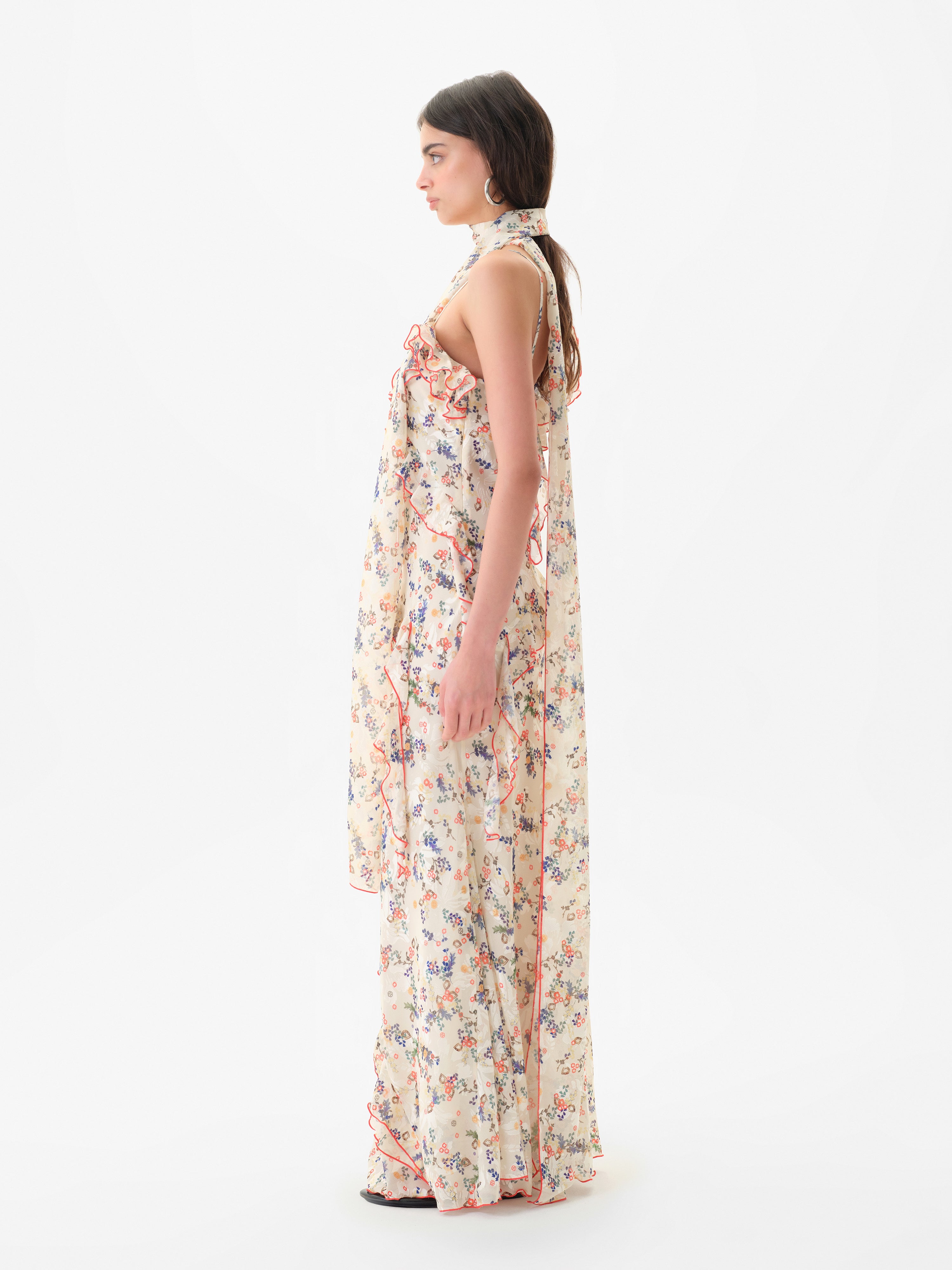 MONICA - Ruffled devoré chiffon maxi dress with scarf detail