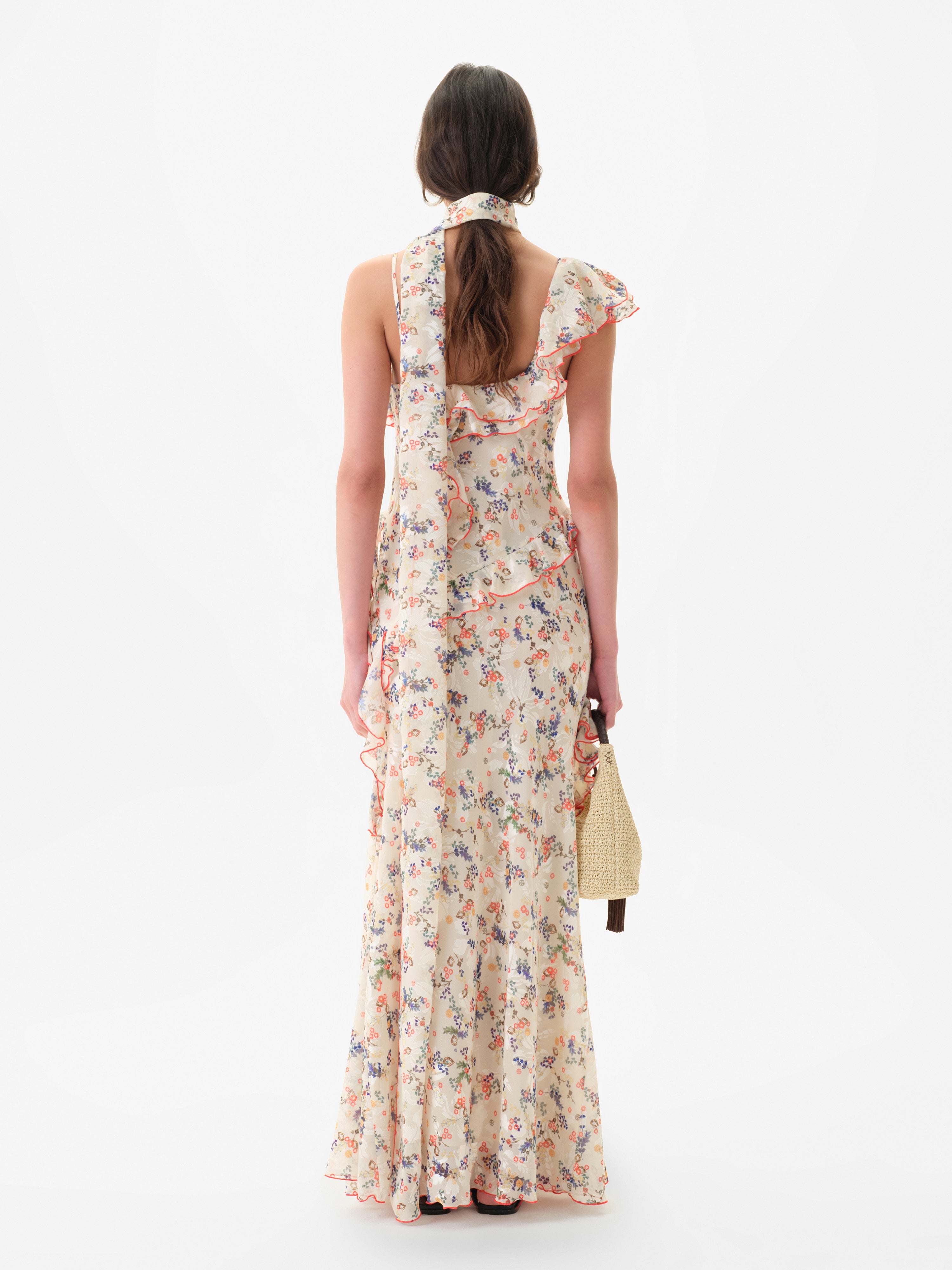 MONICA - Ruffled devoré chiffon maxi dress with scarf detail
