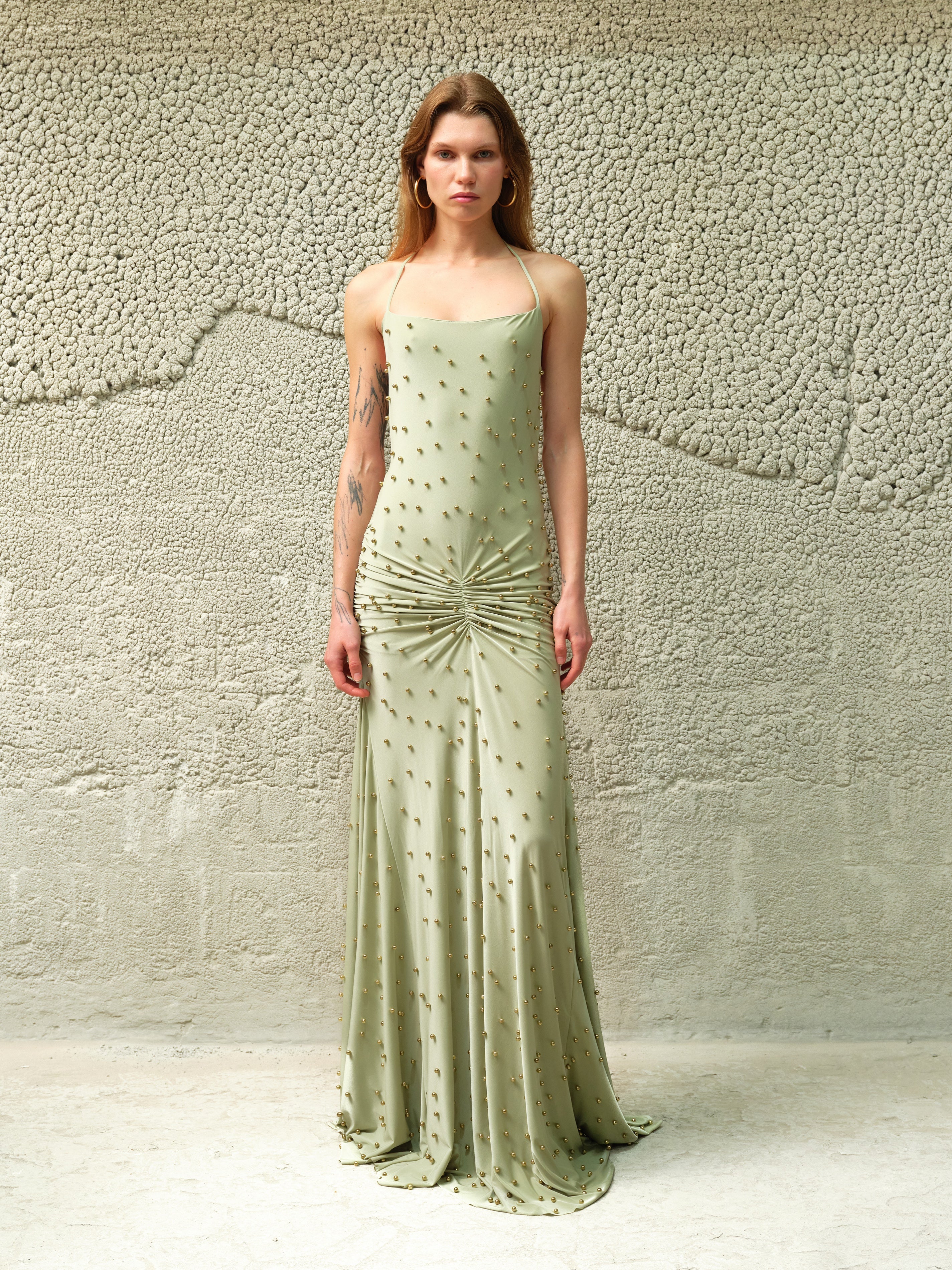 NENSI - Gold studded jersey slip maxi dress