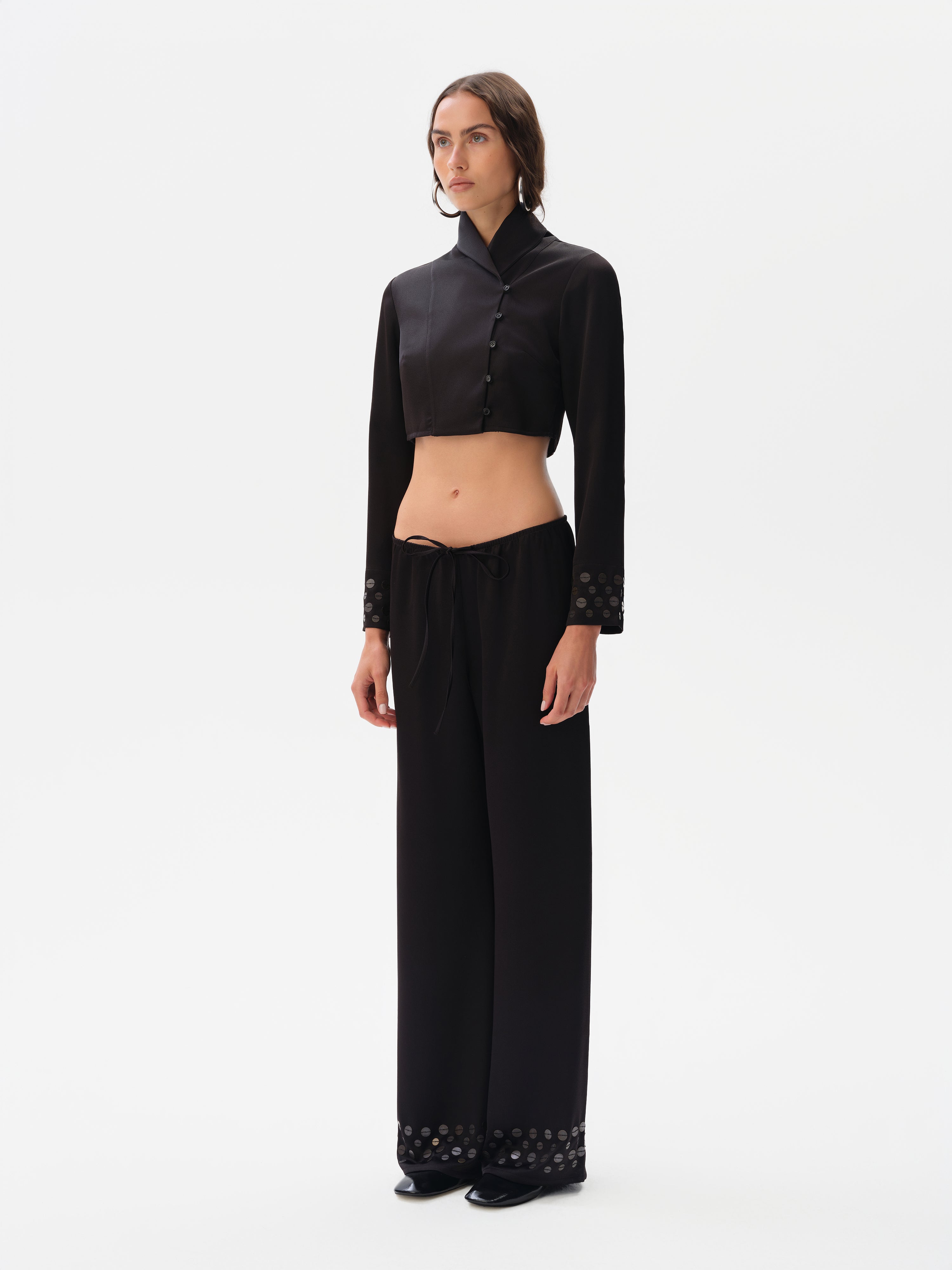 MANOCE - Wide-leg drawstring satin pants embroidered hem