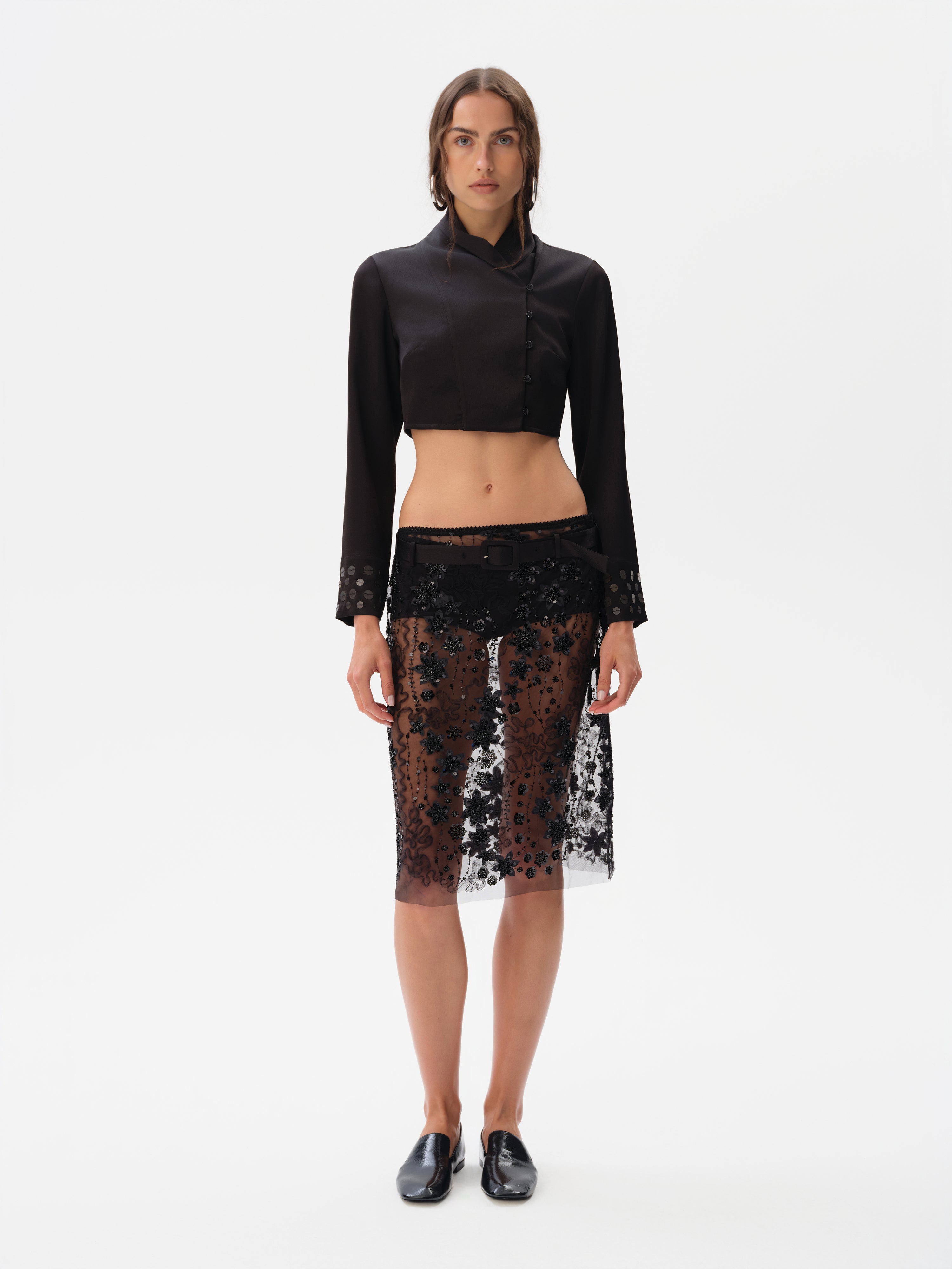 ESTELLE - Embroidered skirt with mini shorts and a belt