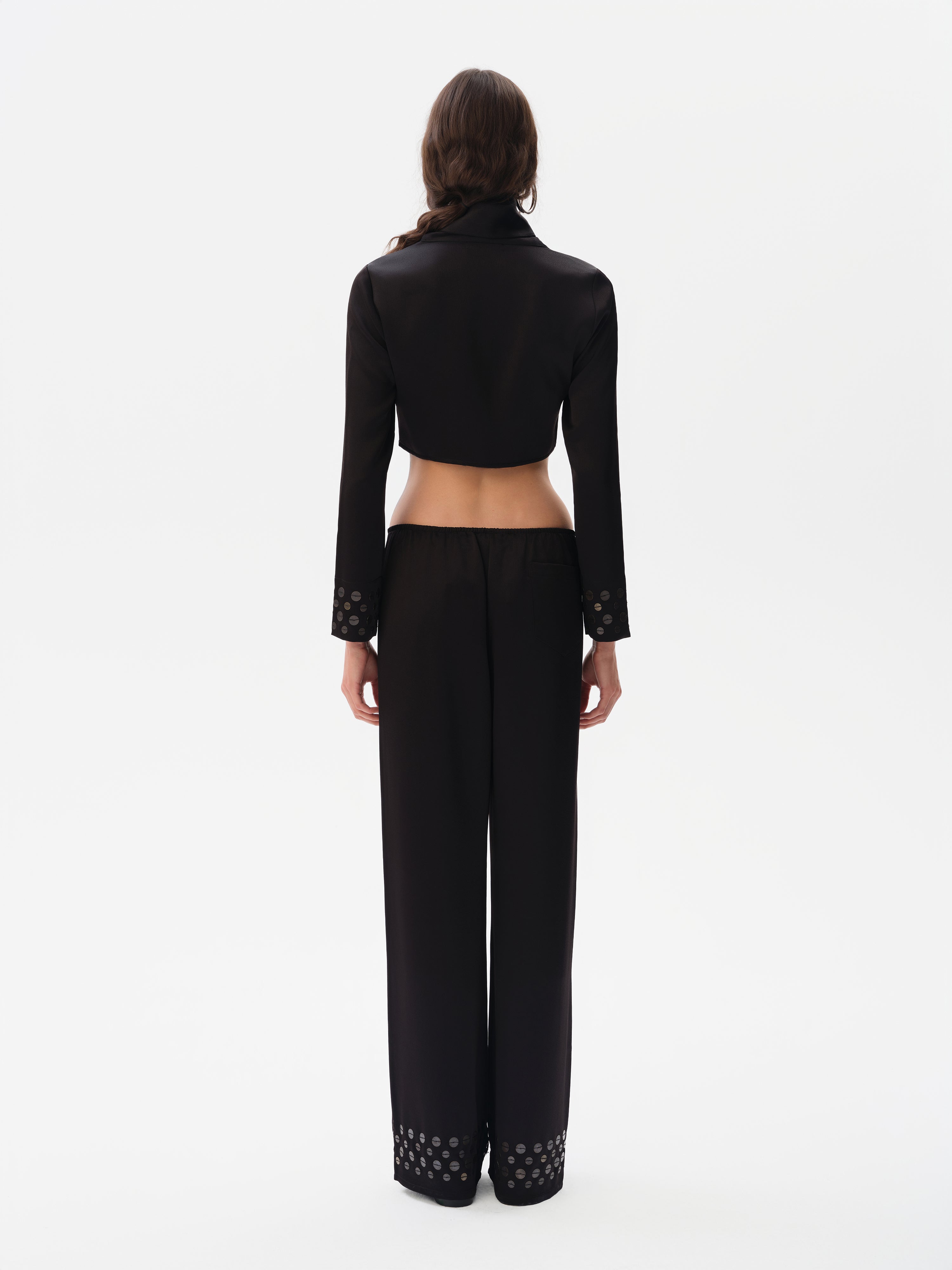 MANOCE - Wide-leg drawstring satin pants embroidered hem