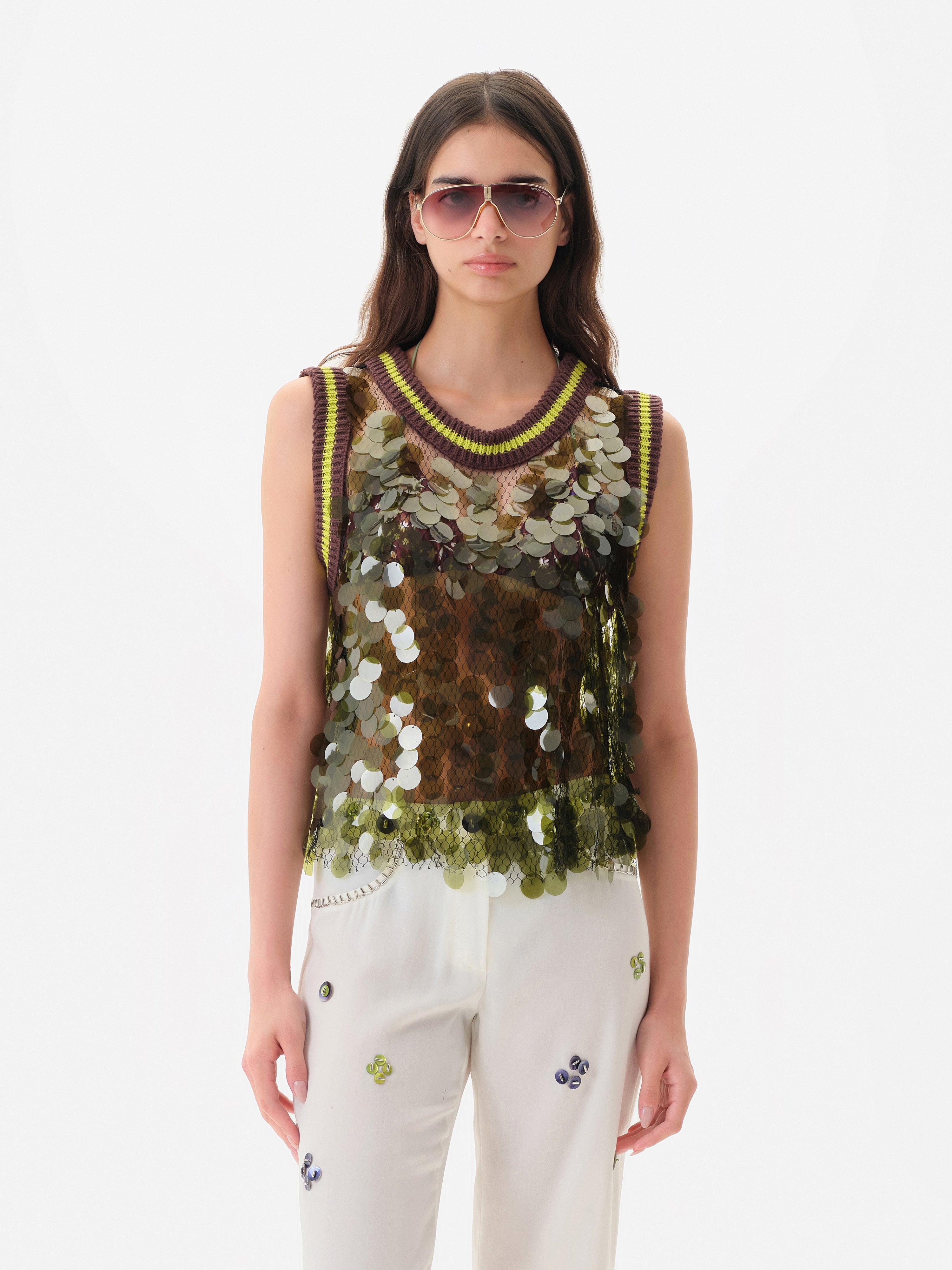 PLUME - Sleeveless sequin top with striped crochet neckline