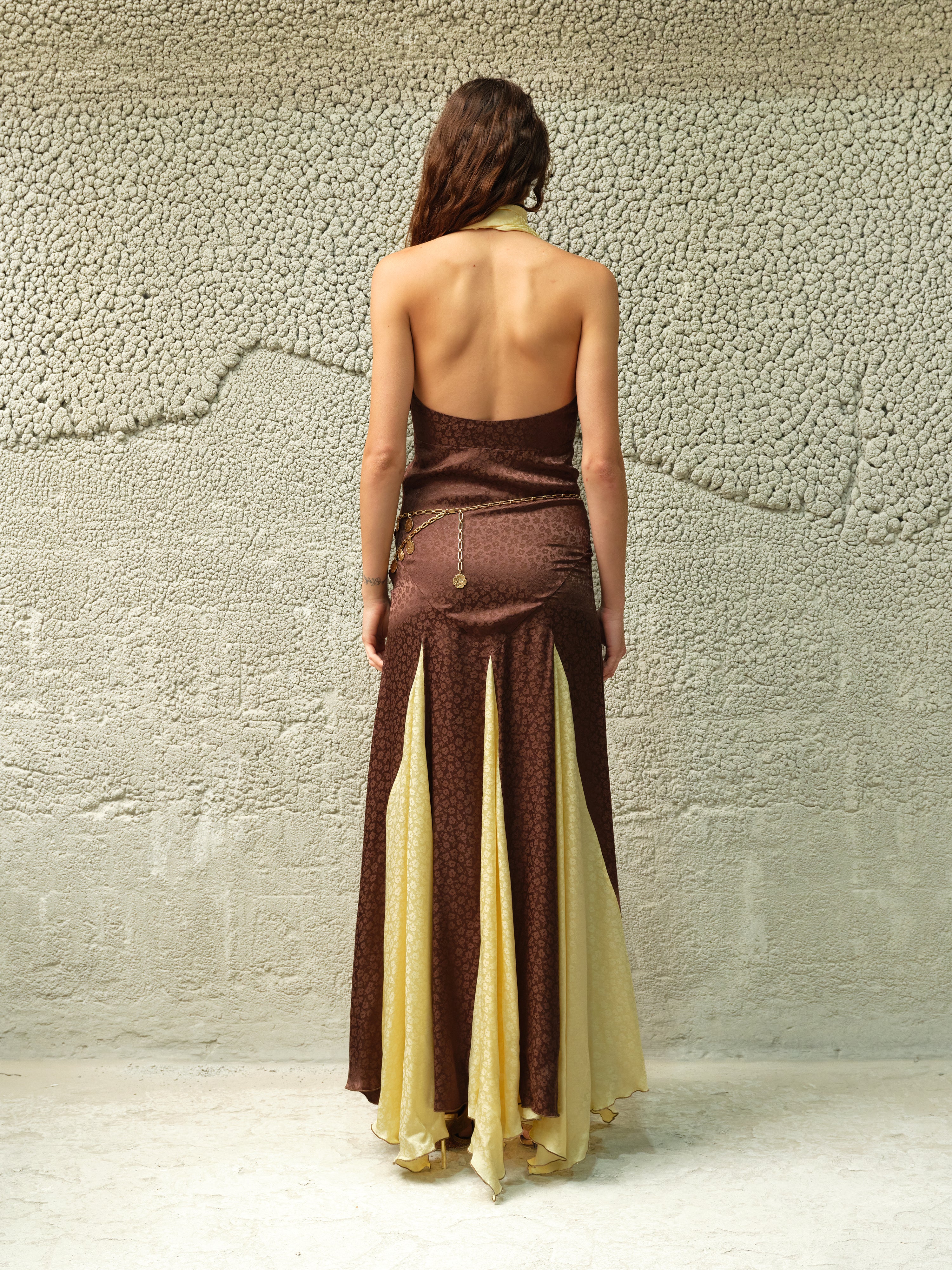 RAYE - Floral jacquard satin halter neck maxi dress