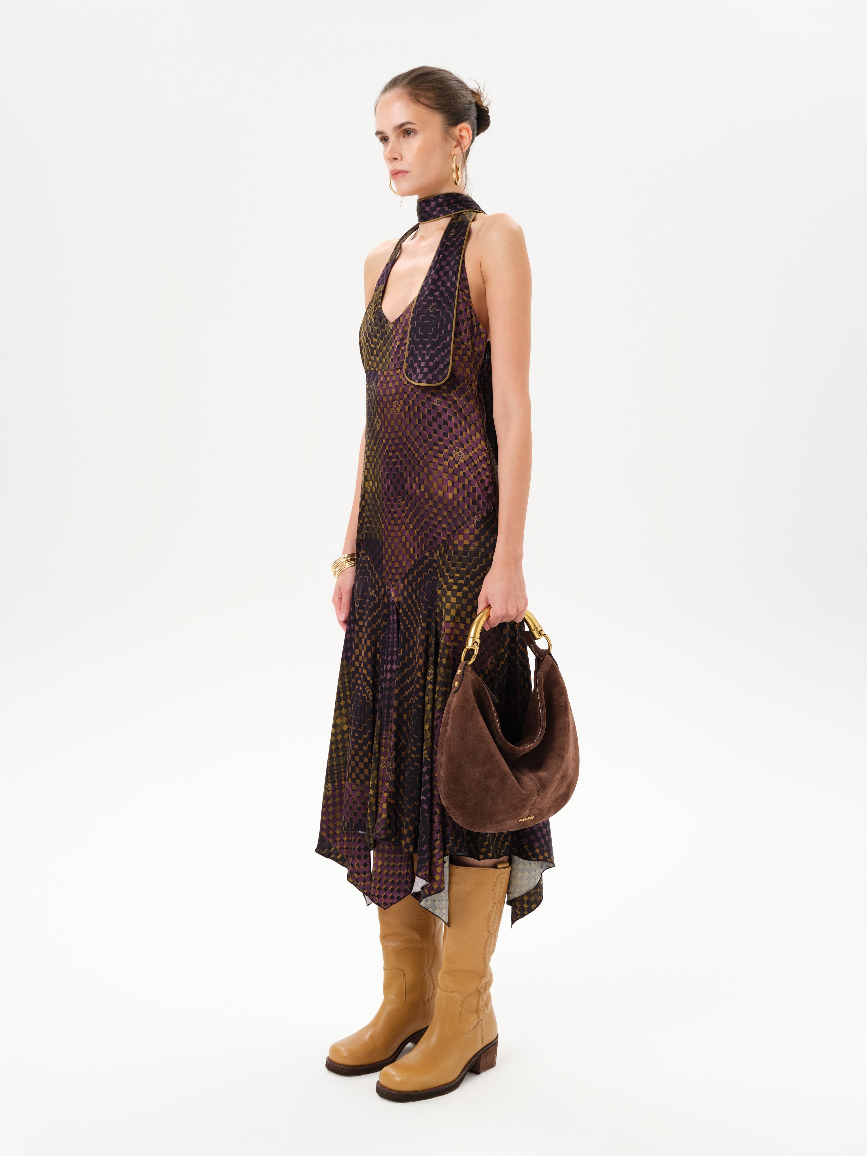 RAYE - Printed halter neck midi satin dress