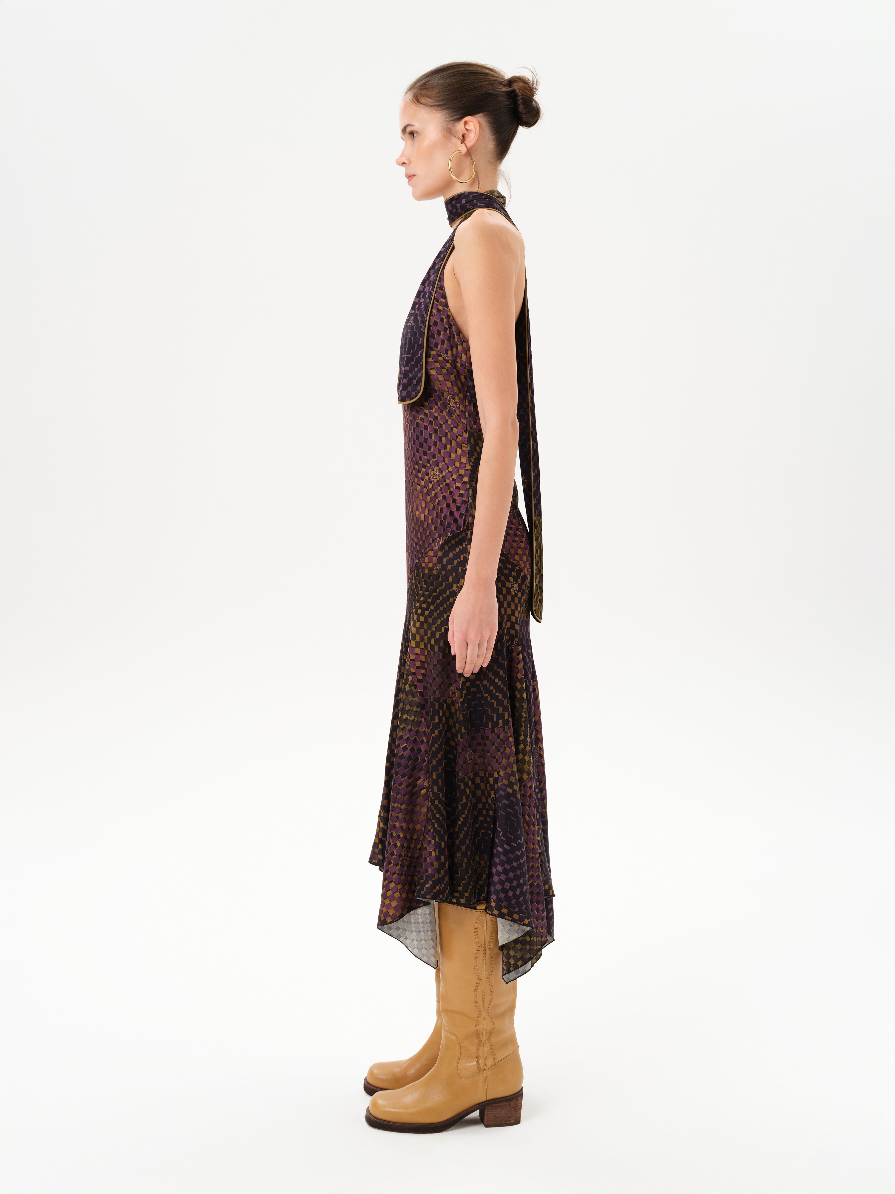 RAYE - Printed halter neck midi satin dress by SIEDRÉS